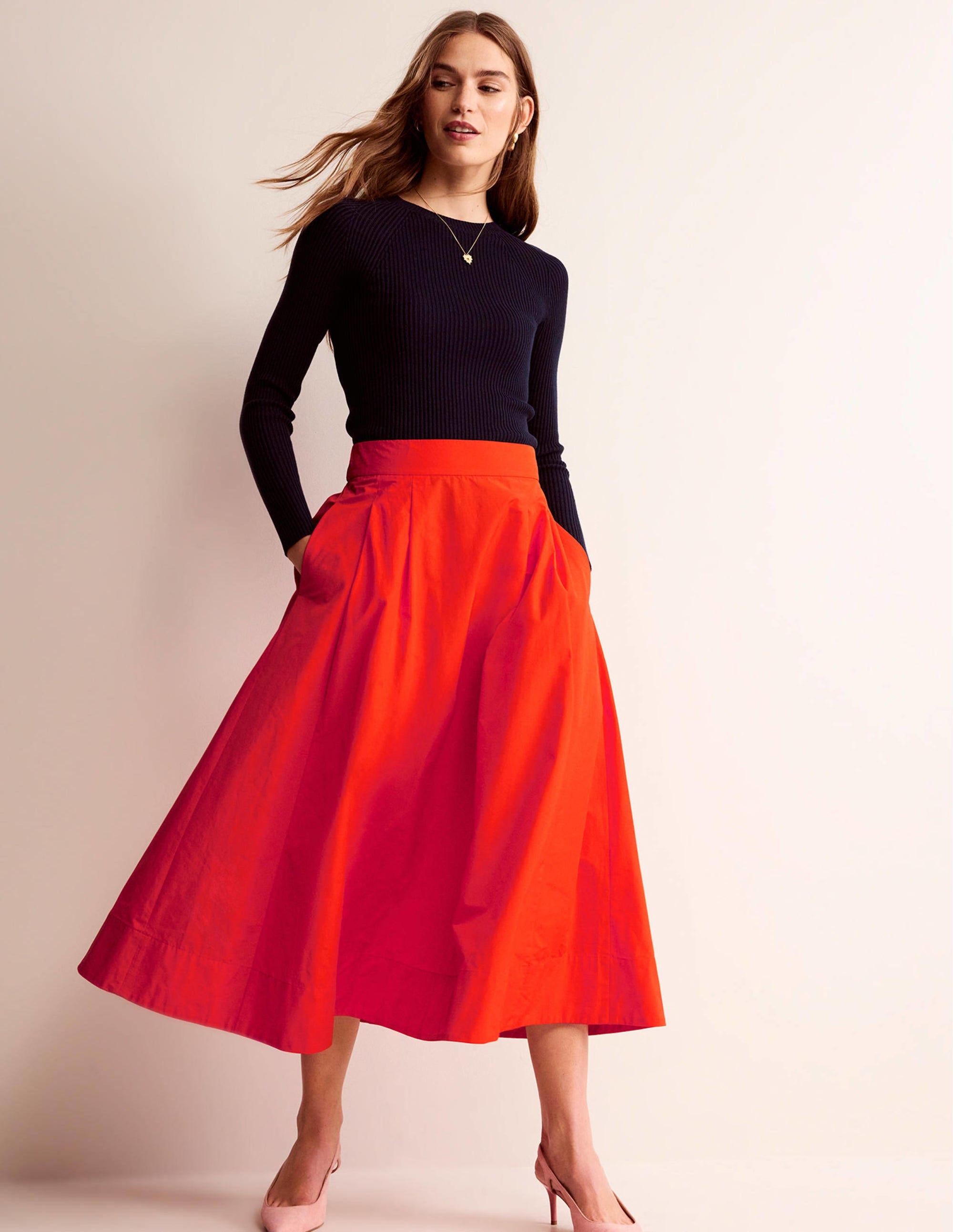 Jupe midi en taffetas à enfiler-Rouge - Image 1