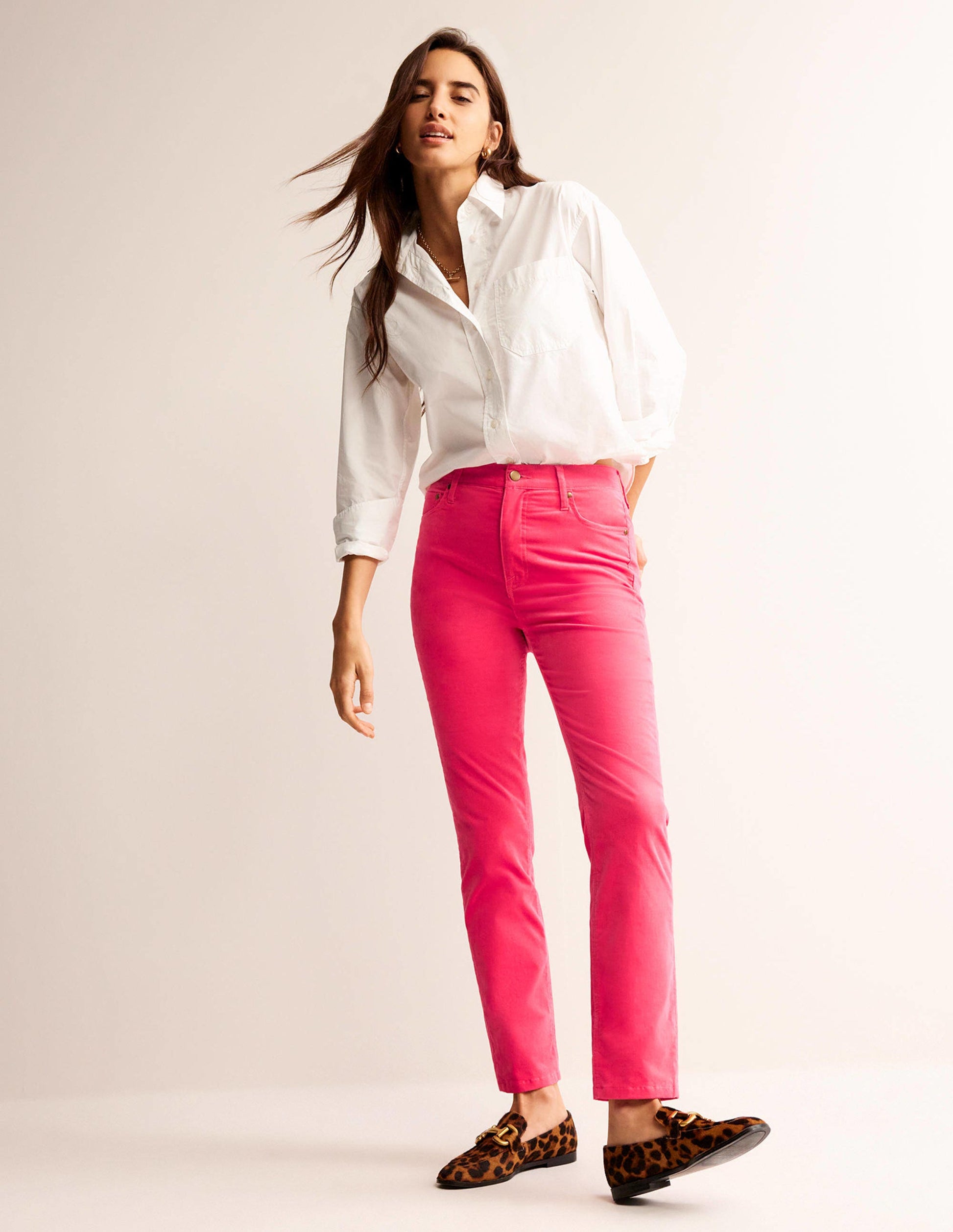 Jean 5 poches en velours-Rose poudré-1