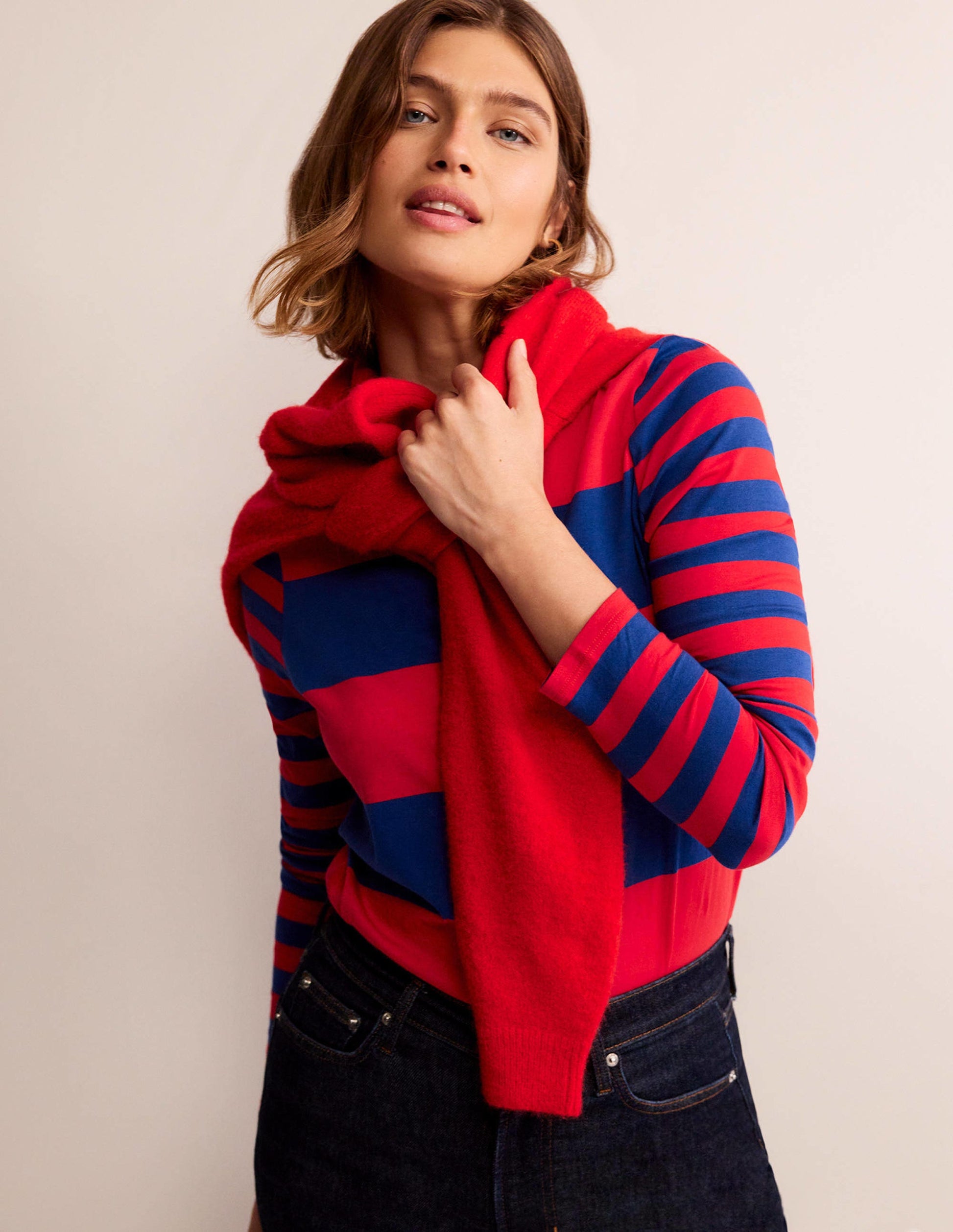 Bea Long Sleeve Breton-Dark Colbalt and Hot Pepper-1