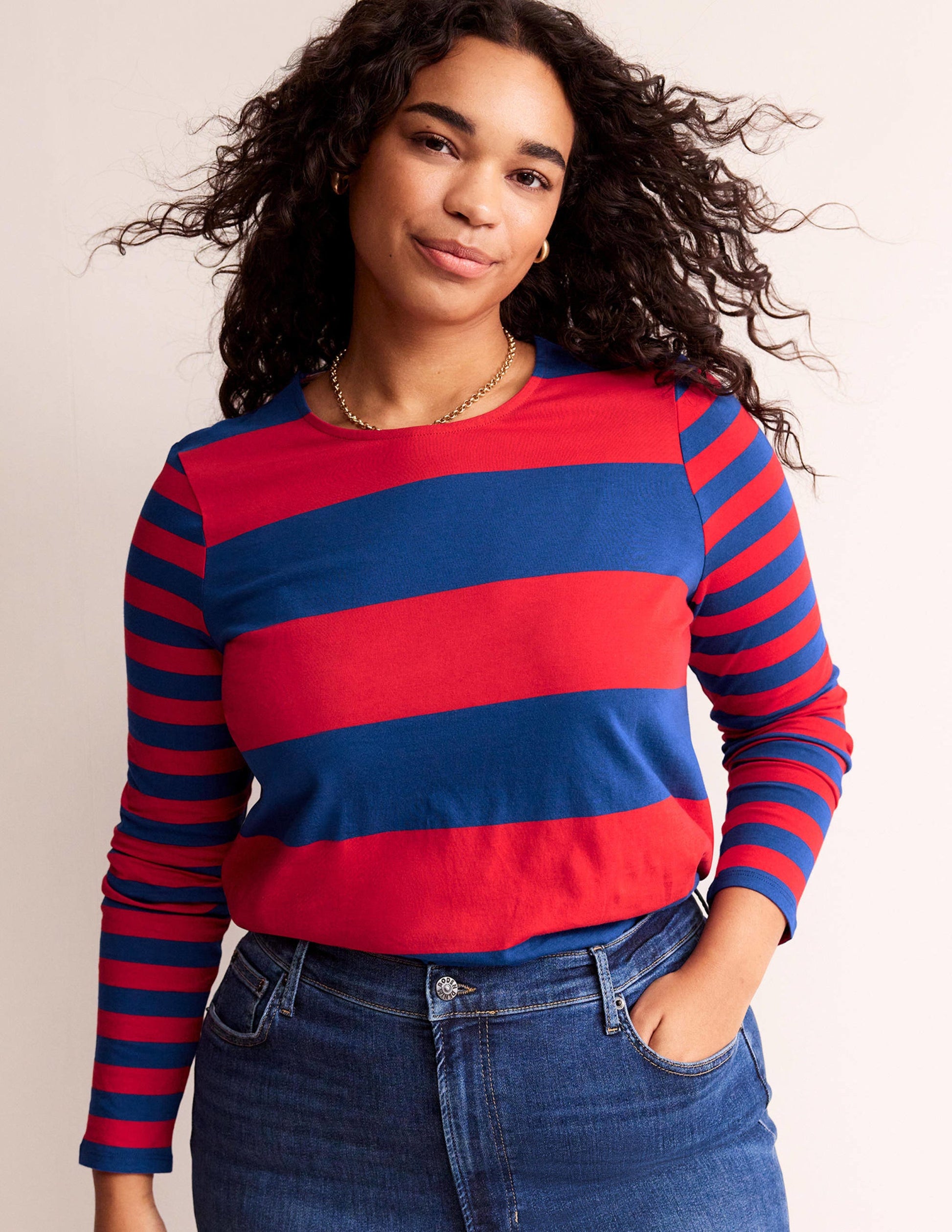 Bea Long Sleeve Breton-Dark Colbalt and Hot Pepper-5