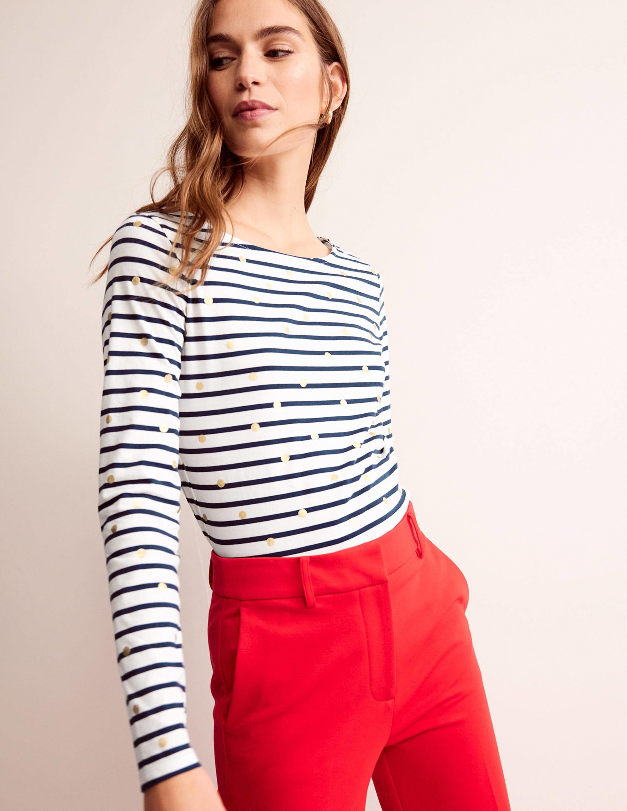 Ella Breton-Shirt mit langen Ärmeln-Naturweiß, Marineblau Folien-Punkte - Image 1