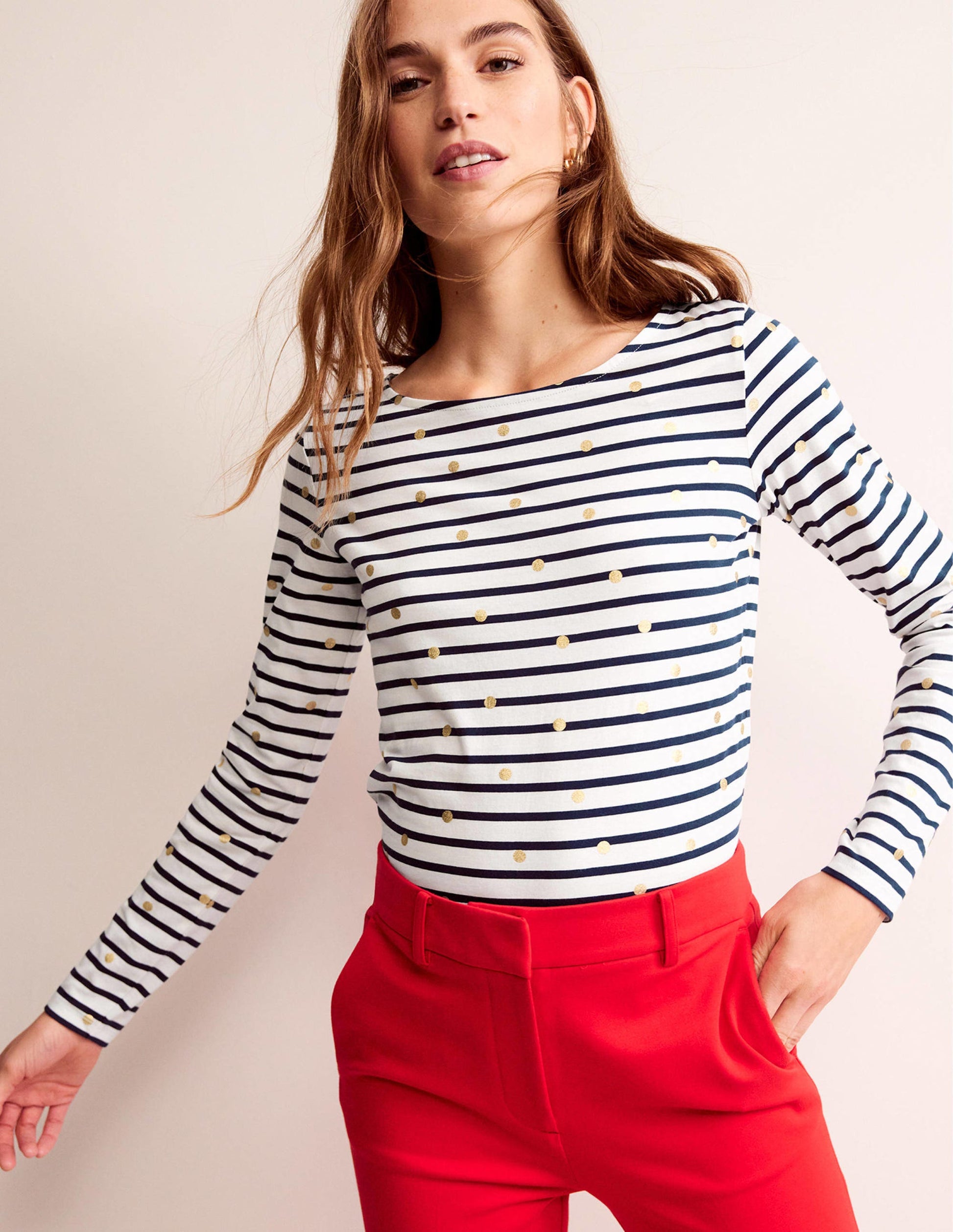 Ella Breton-Shirt mit langen Ärmeln-Naturweiß, Marineblau Folien-Punkte-4