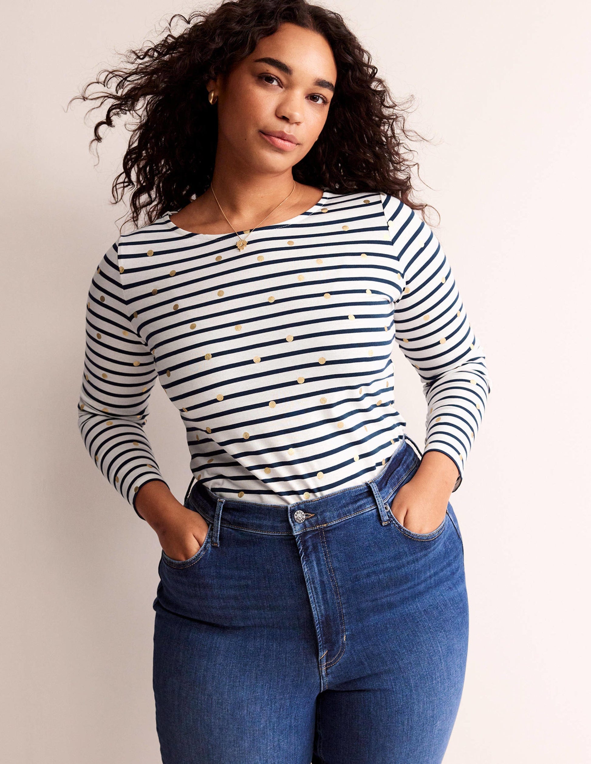 Ella Breton-Shirt mit langen Ärmeln-Naturweiß, Marineblau Folien-Punkte-5