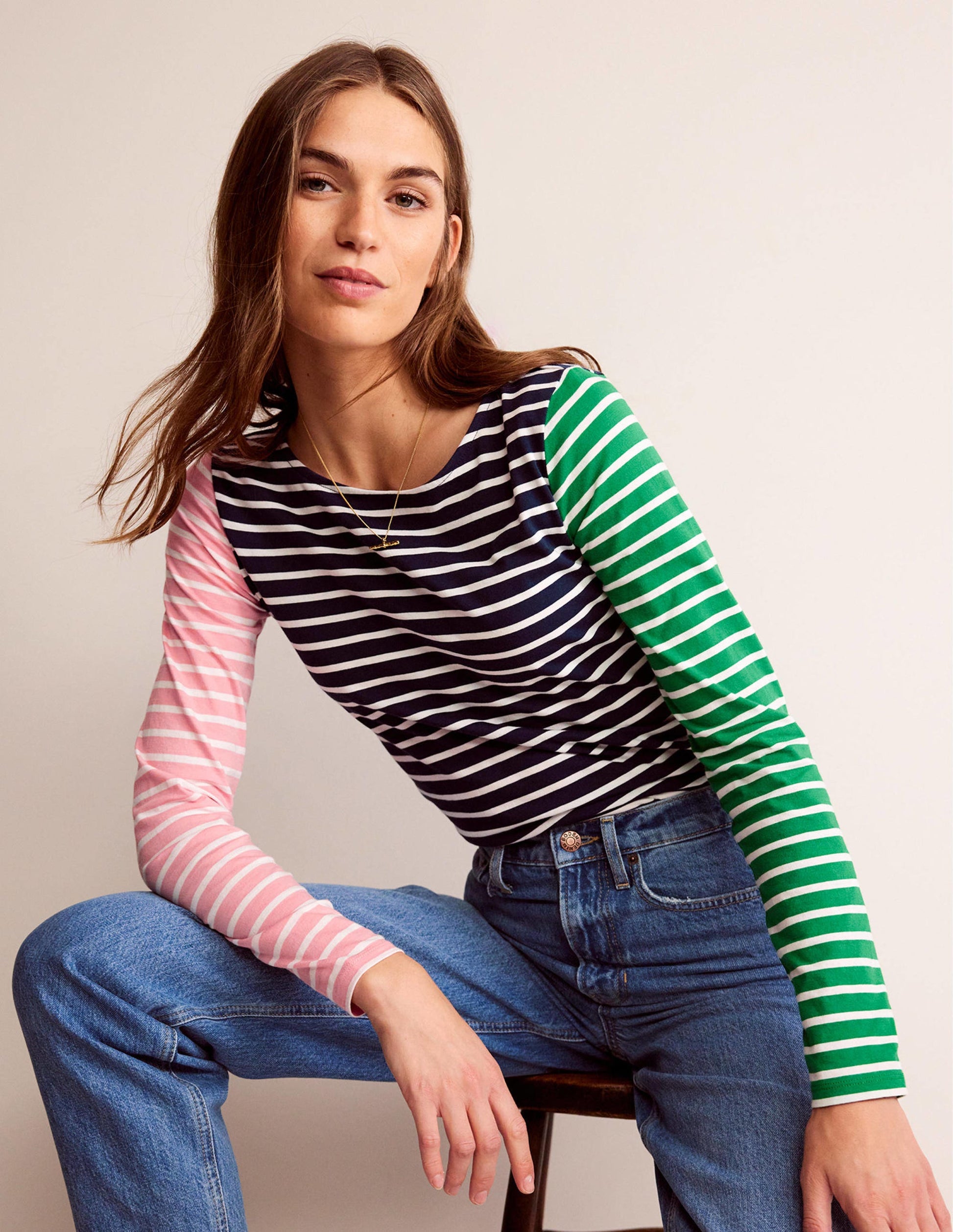 Ella Long Sleeve Breton-Green, Navy Hotch-1