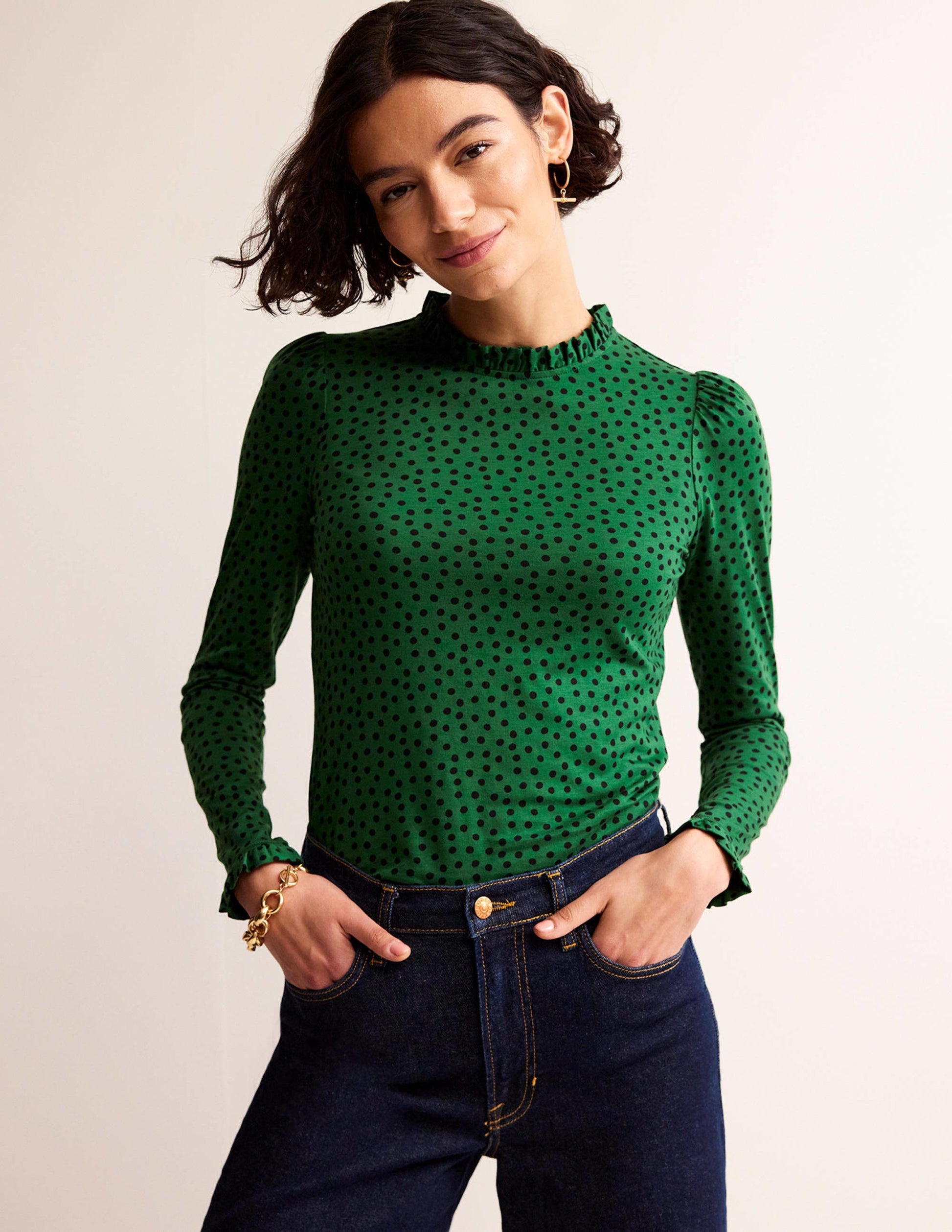 Top volanté ultra-doux-Vert amazonien, pois abstraits-1