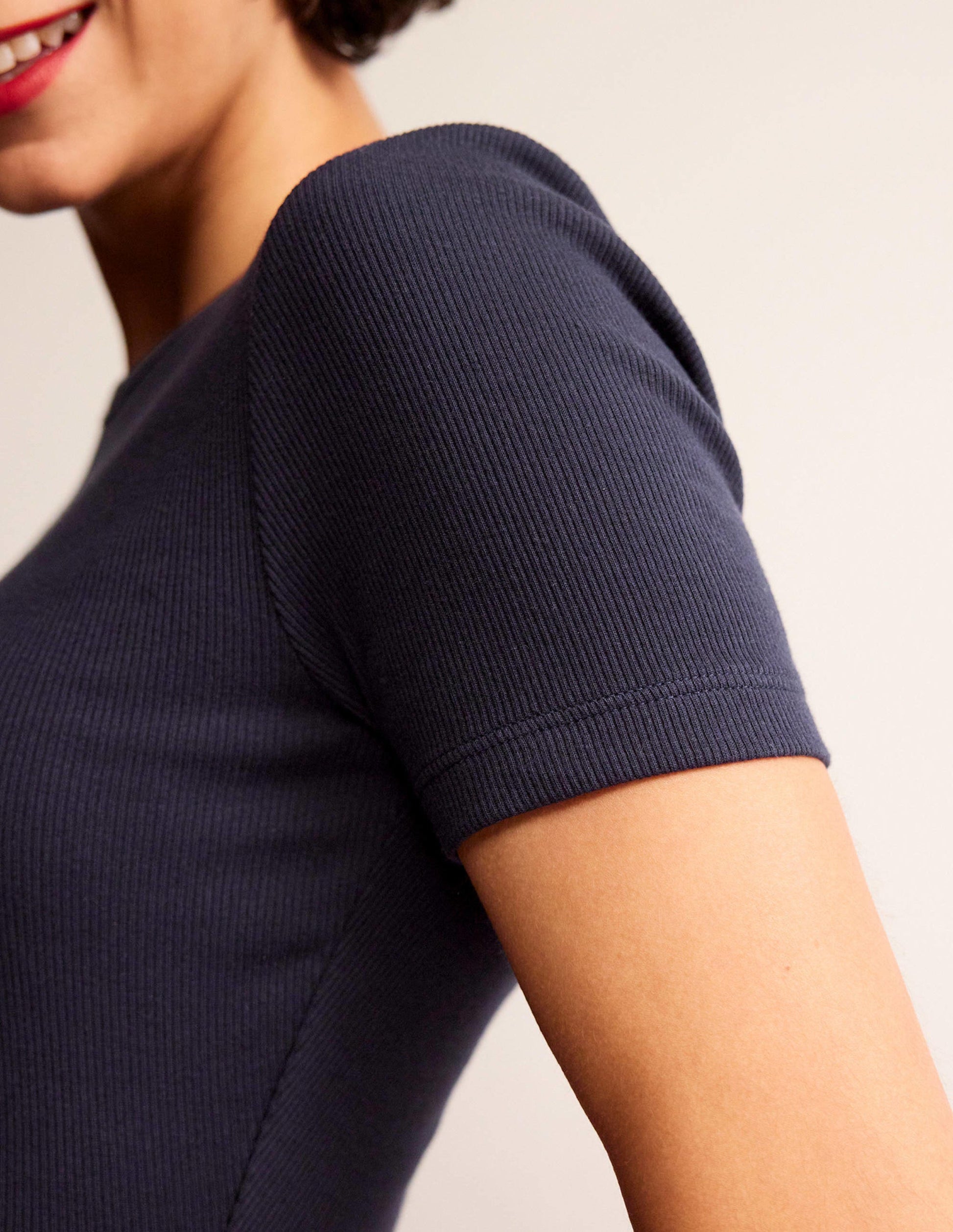 T-shirt côtelé en coton-Bleu marine-2