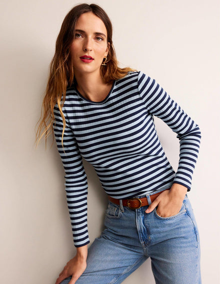 Alice T-Shirt mit Rippstruktur-Reiherblau, Französisches Marineblau