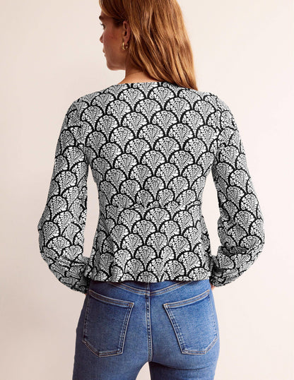 Oberteil mit V-Ausschnitt und Schößchen-Schwarz, Blumig-3