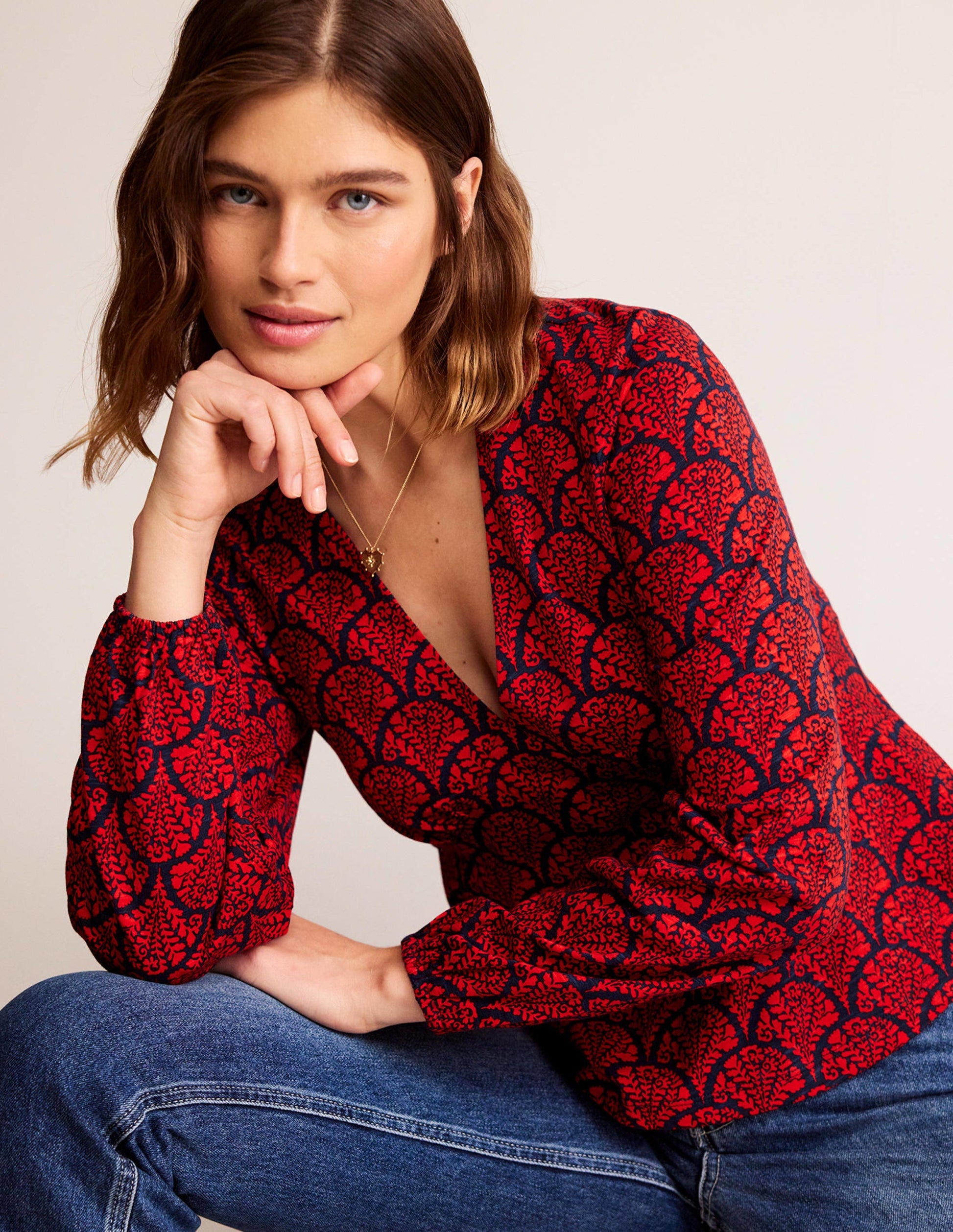 V-Neck Peplum Top-Hot Pepper, Blossomy-1