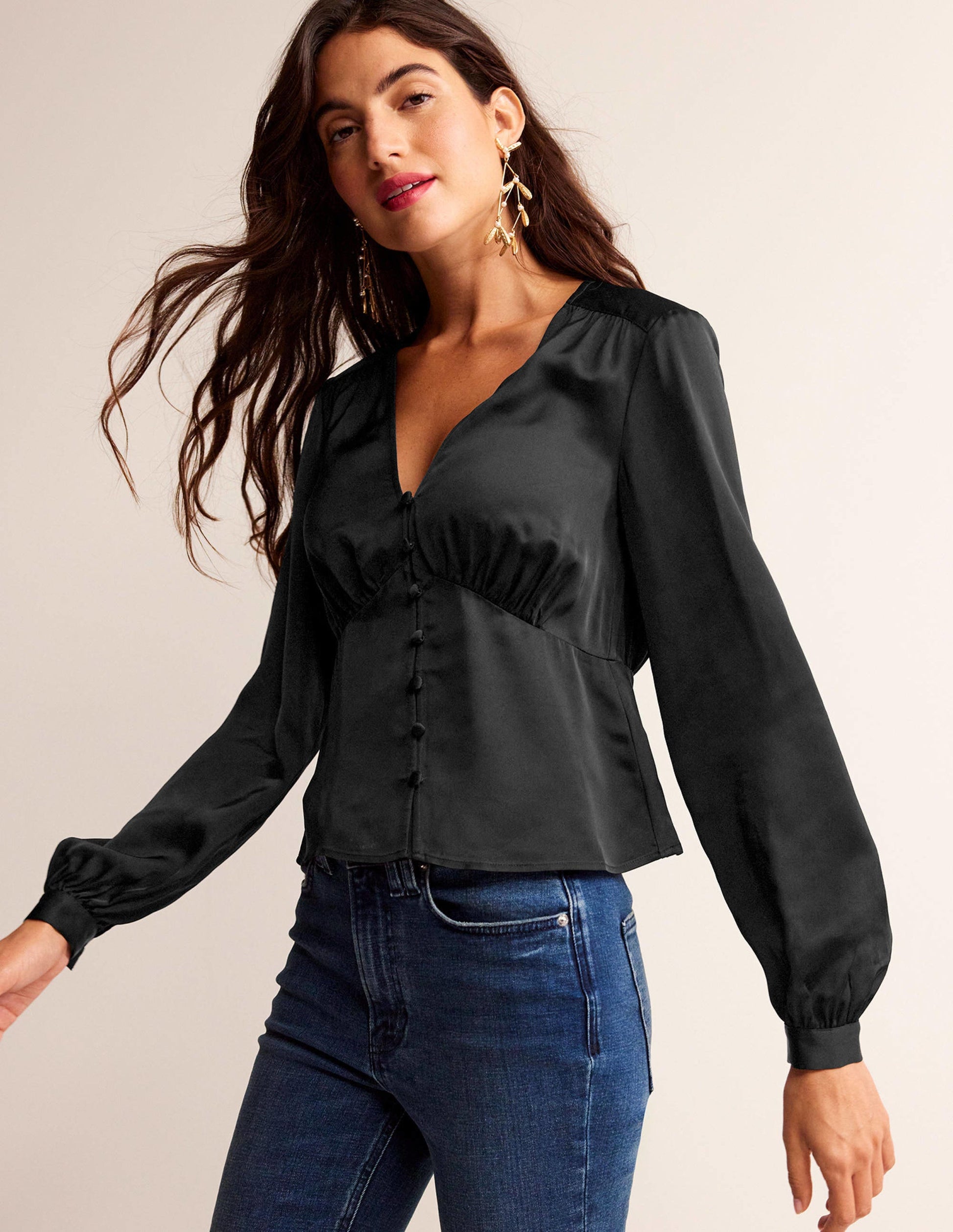 Blouse chic à col V-Noir-4