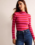Anna Rib Roll Neck Top-Bright Rust, Vibrant Pink