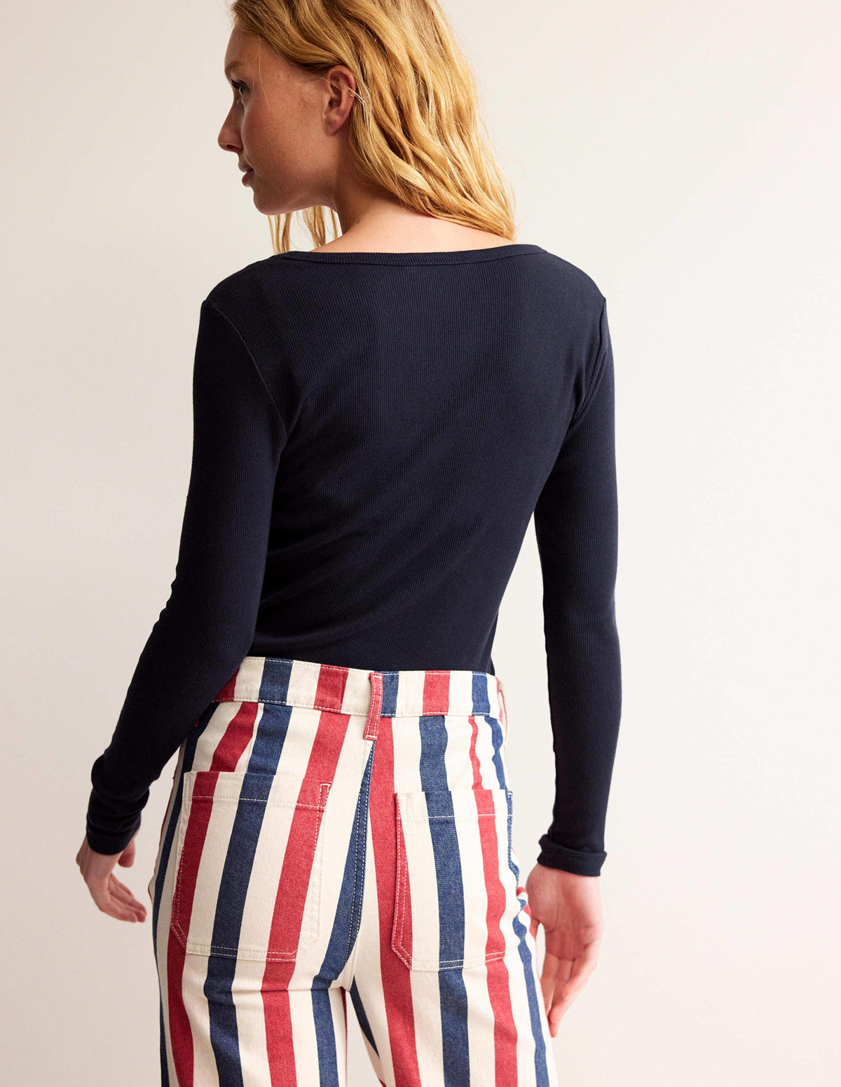 Cotton Rib Scoop Neck Top-Navy-3