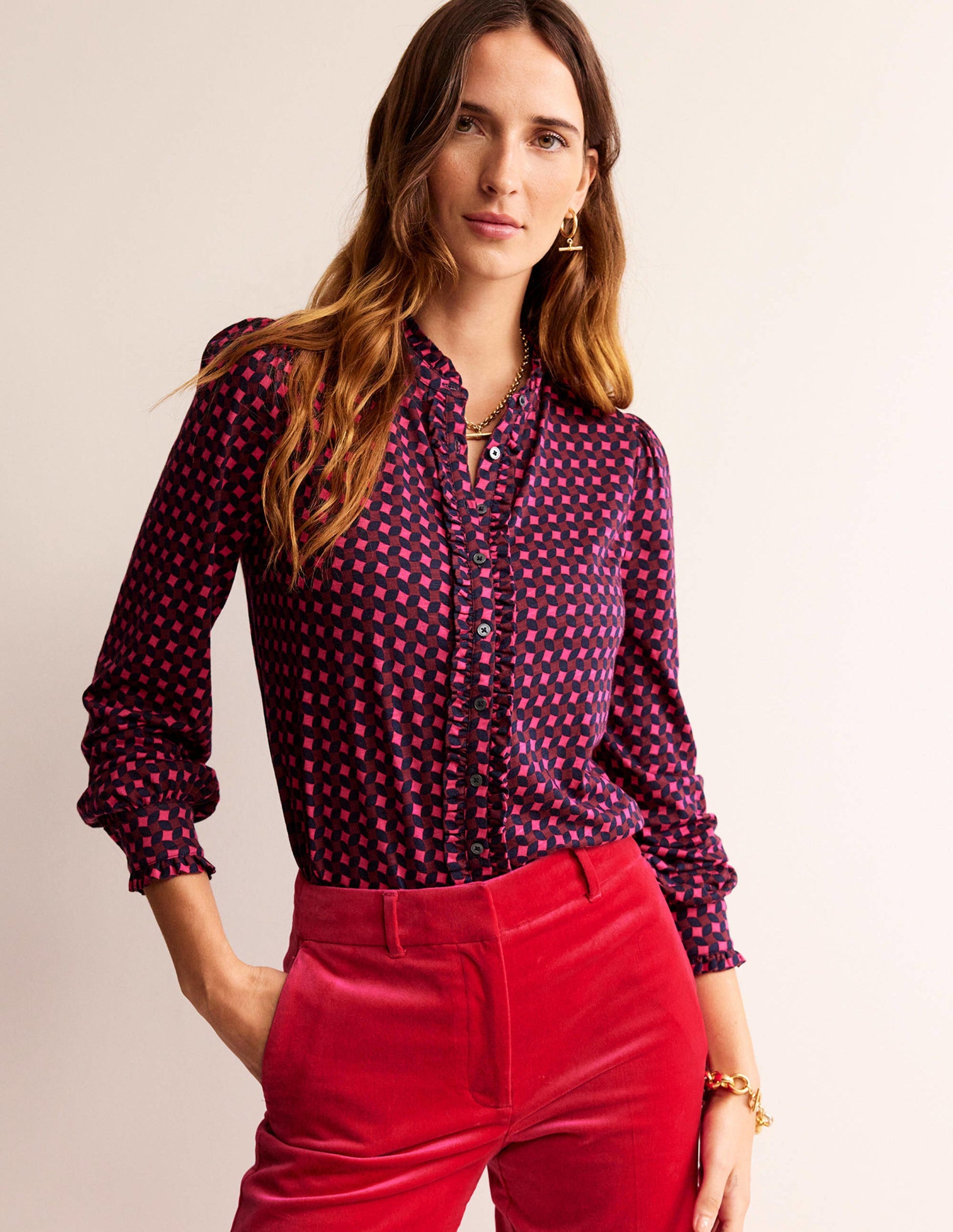 Chemise Caroline en jersey-Rose vif, motif losange abstrait-1