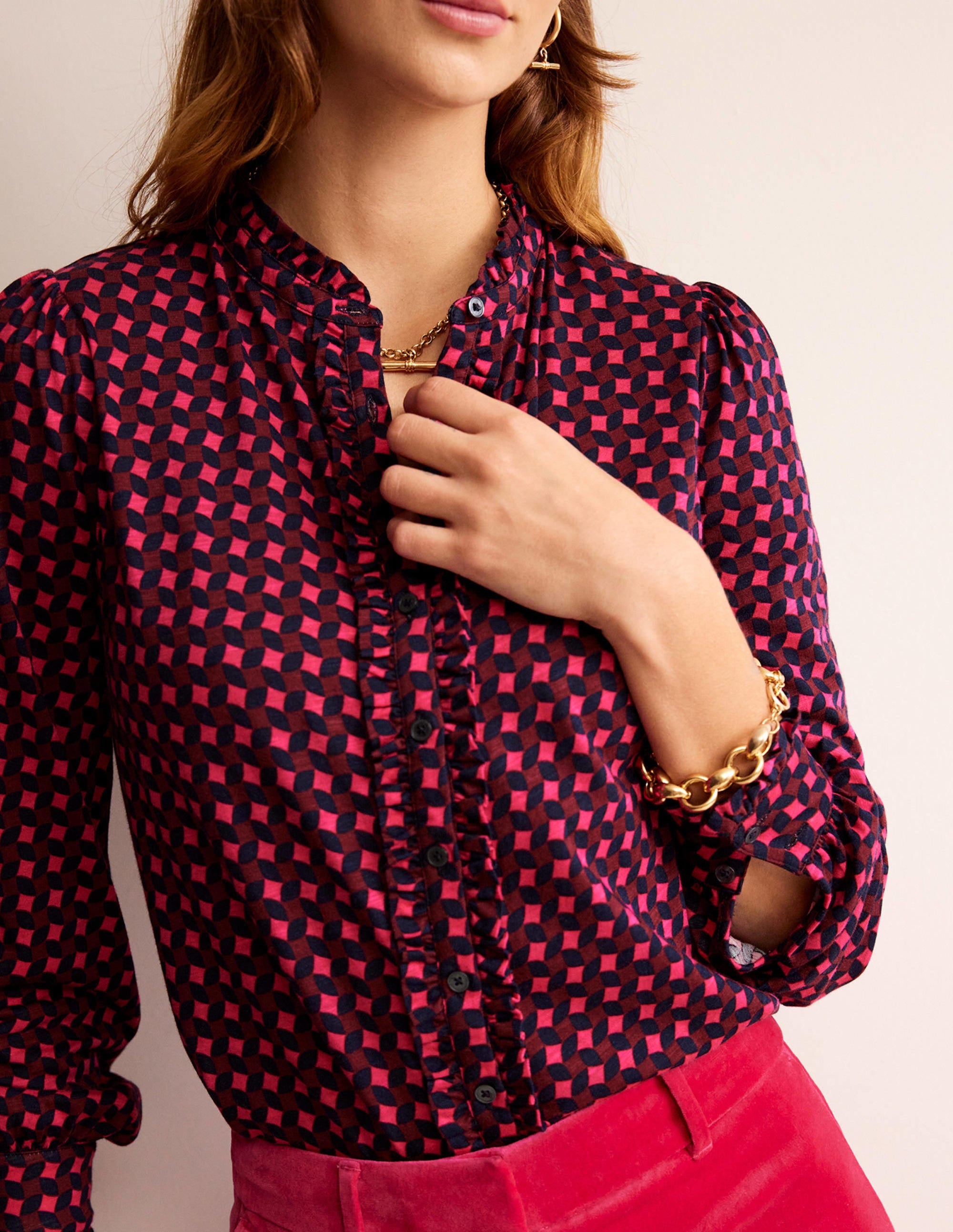 Chemise Caroline en jersey-Rose vif, motif losange abstrait - Image 2
