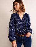 Blouse col froncé en soie-Pois bleu marine
