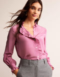 Seidenbluse mit Rüschenkragen-Erdbeer-Sorbet