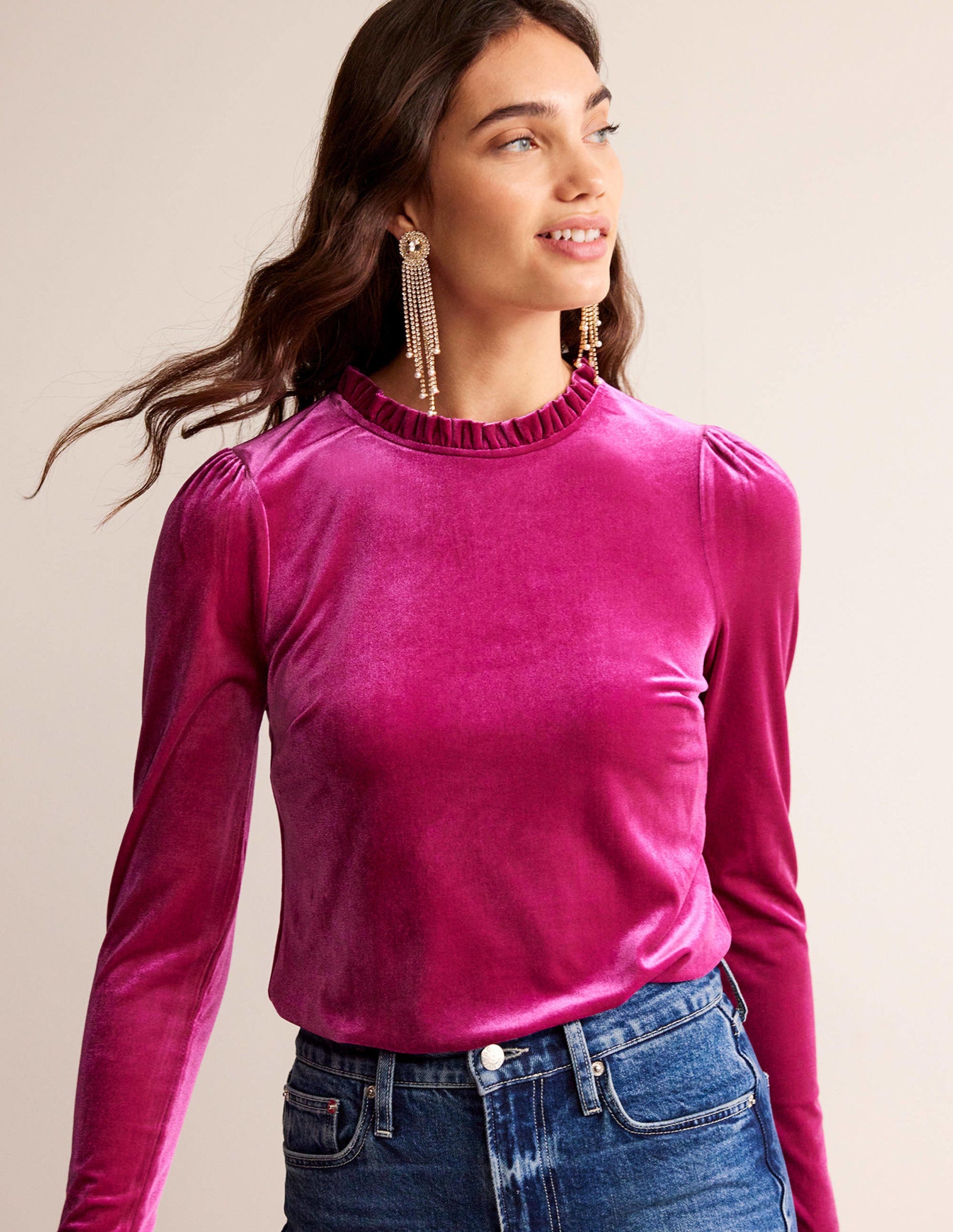 Top volanté en velours-Prune éclatant-4