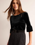 Velvet Ruffle Cuff Top-Black
