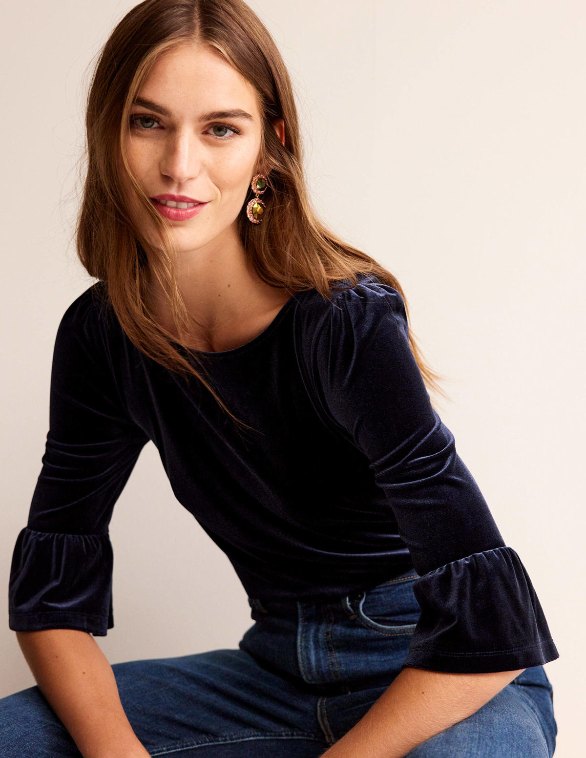 Velvet Ruffle Cuff Top-Navy - Image 1
