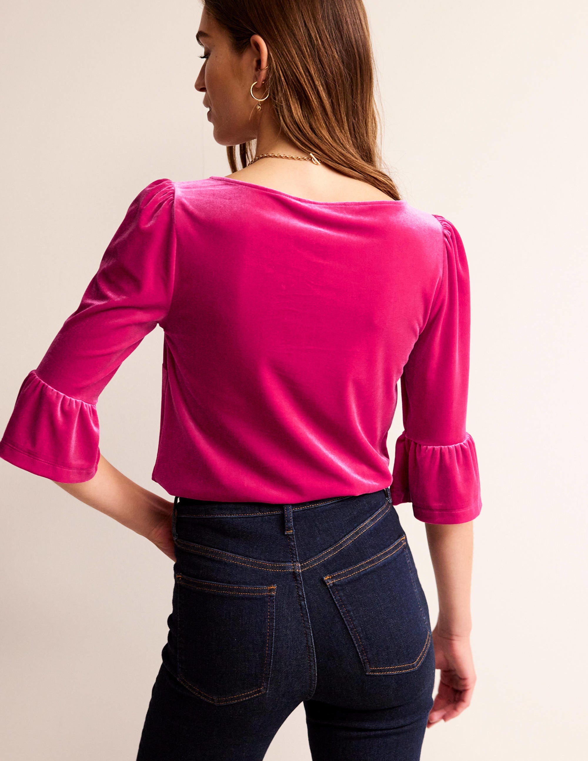 Top en velours à bords des manches volantés-Rose éclatant - Image 3