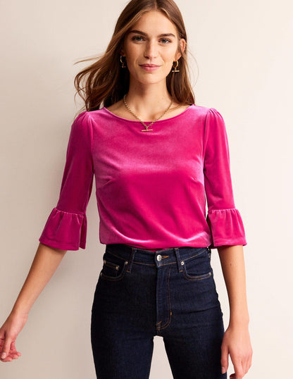 Velvet Ruffle-Cuff Top-Vibrant Pink