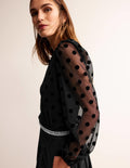 Top en tulle à pois et manches bouffantes-Noir