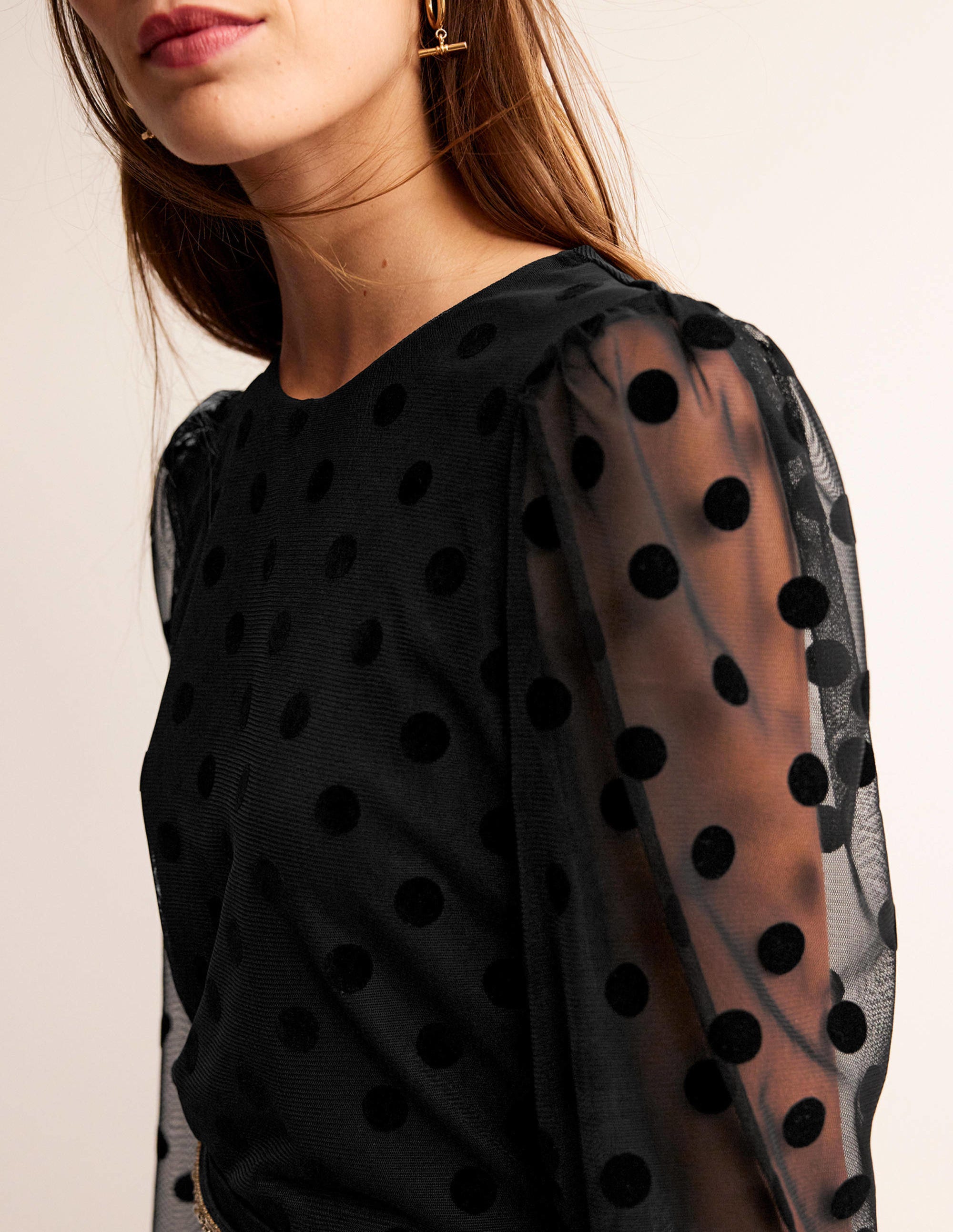 Top en tulle à pois et manches bouffantes-Noir - Image 2