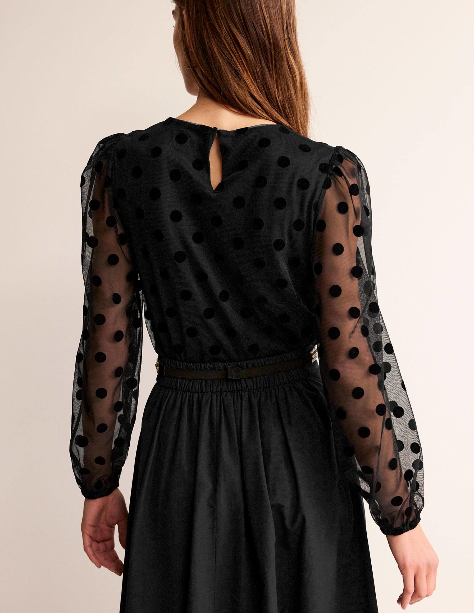 Top en tulle à pois et manches bouffantes-Noir - Image 3