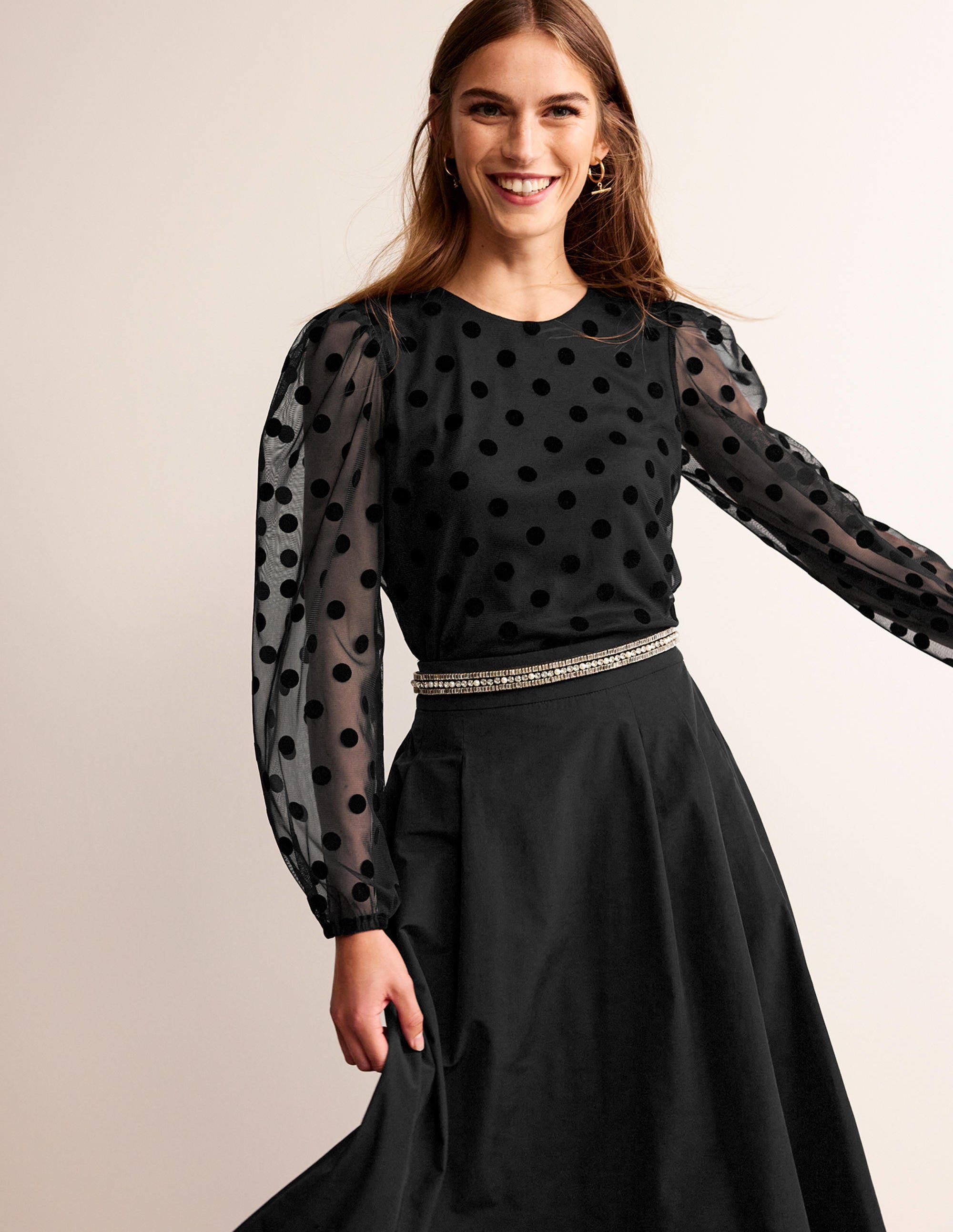 Top en tulle à pois et manches bouffantes-Noir - Image 4