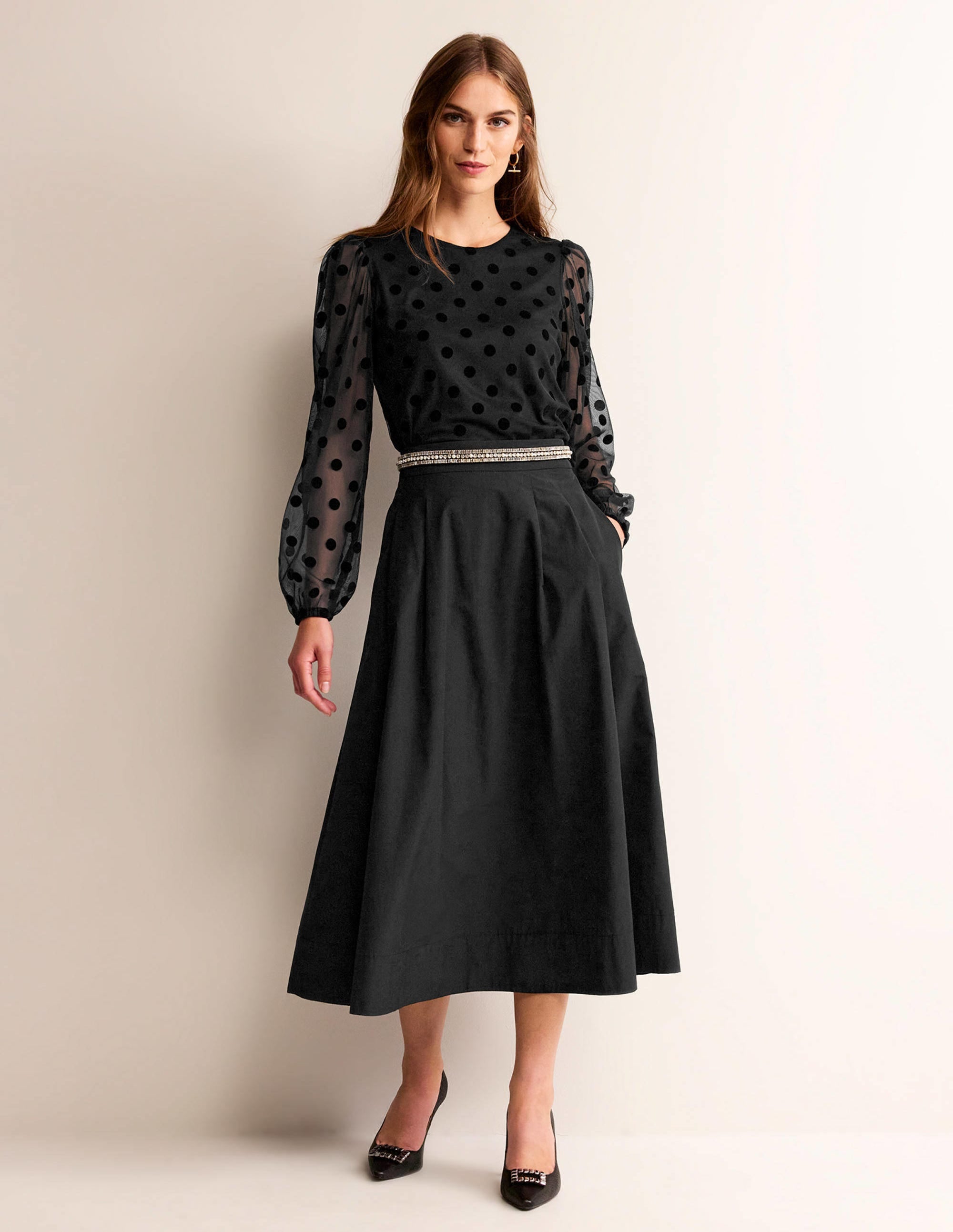 Top en tulle à pois et manches bouffantes-Noir - Image 5