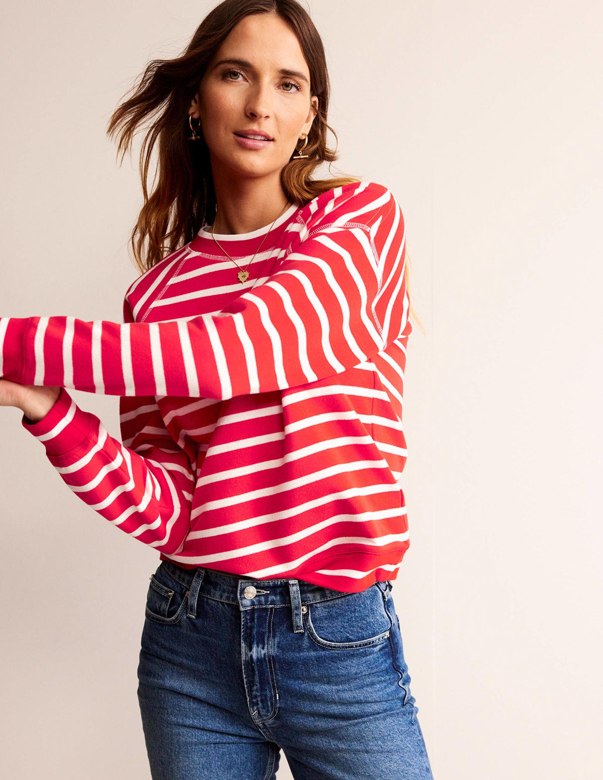 Gestreiftes Raglan-Sweatshirt-Rot, Naturweiß - Image 4
