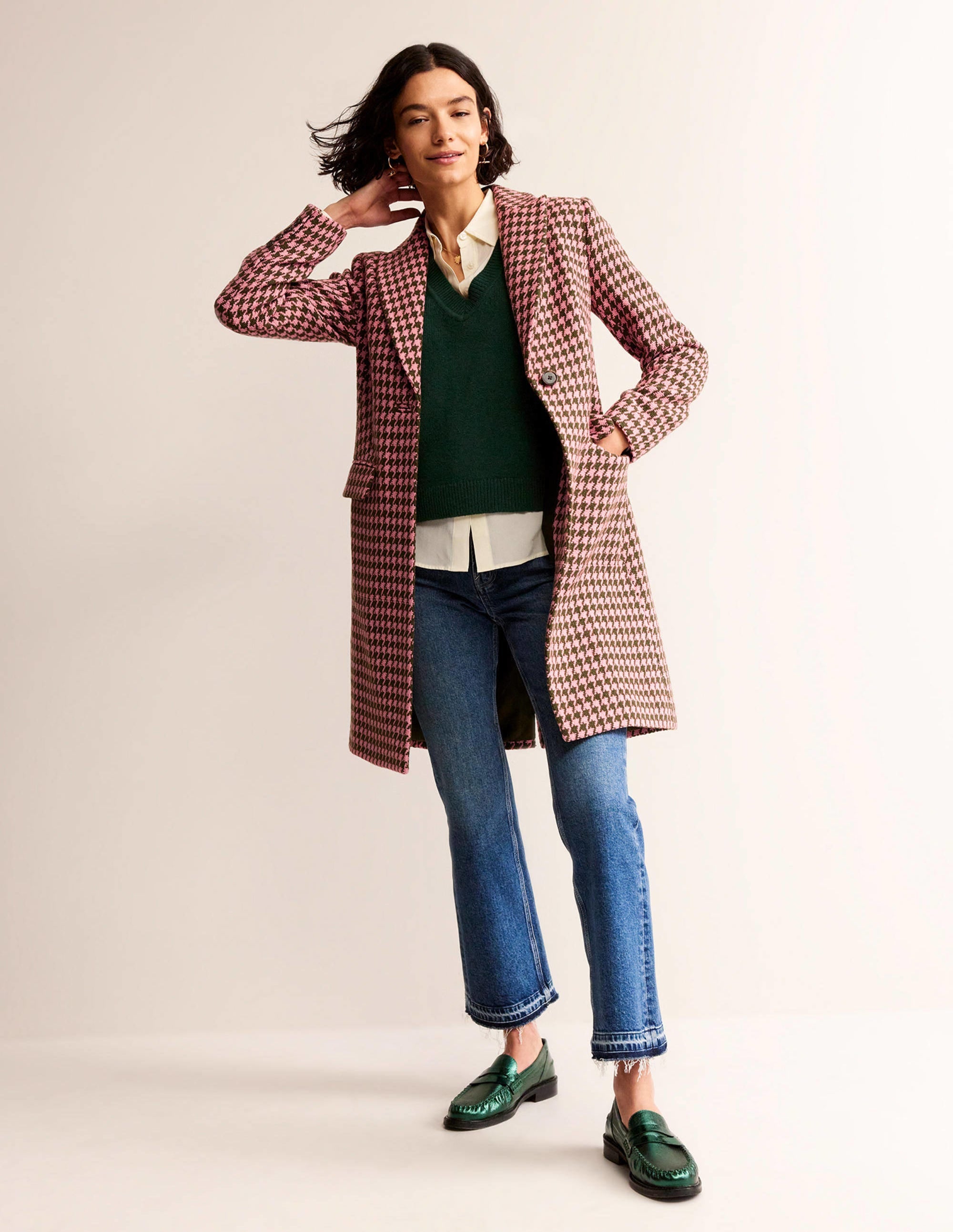 Manteau Canterbury Interest-Pied-de-poule rose et kaki - Image 1