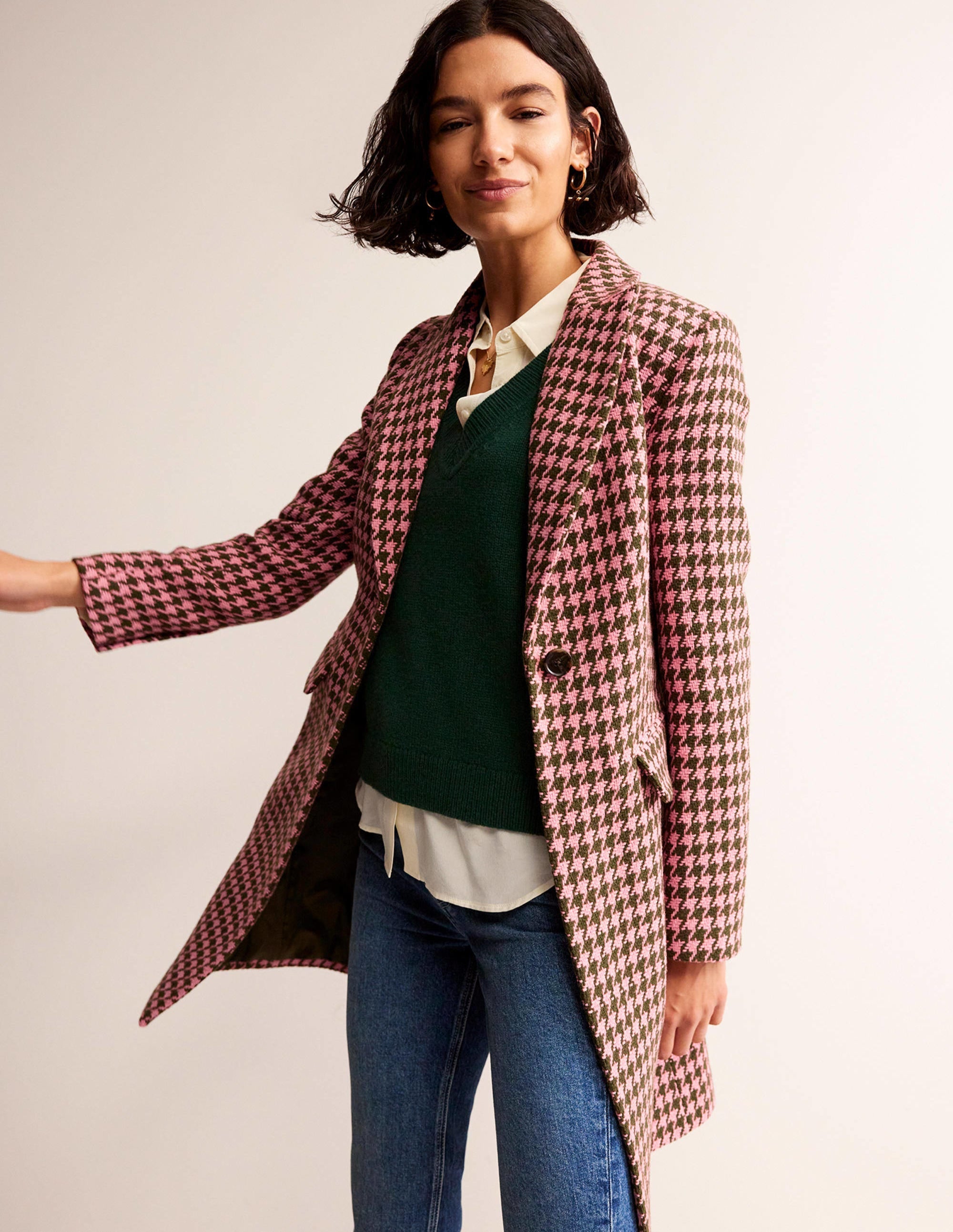 Manteau Canterbury Interest-Pied-de-poule rose et kaki - Image 4