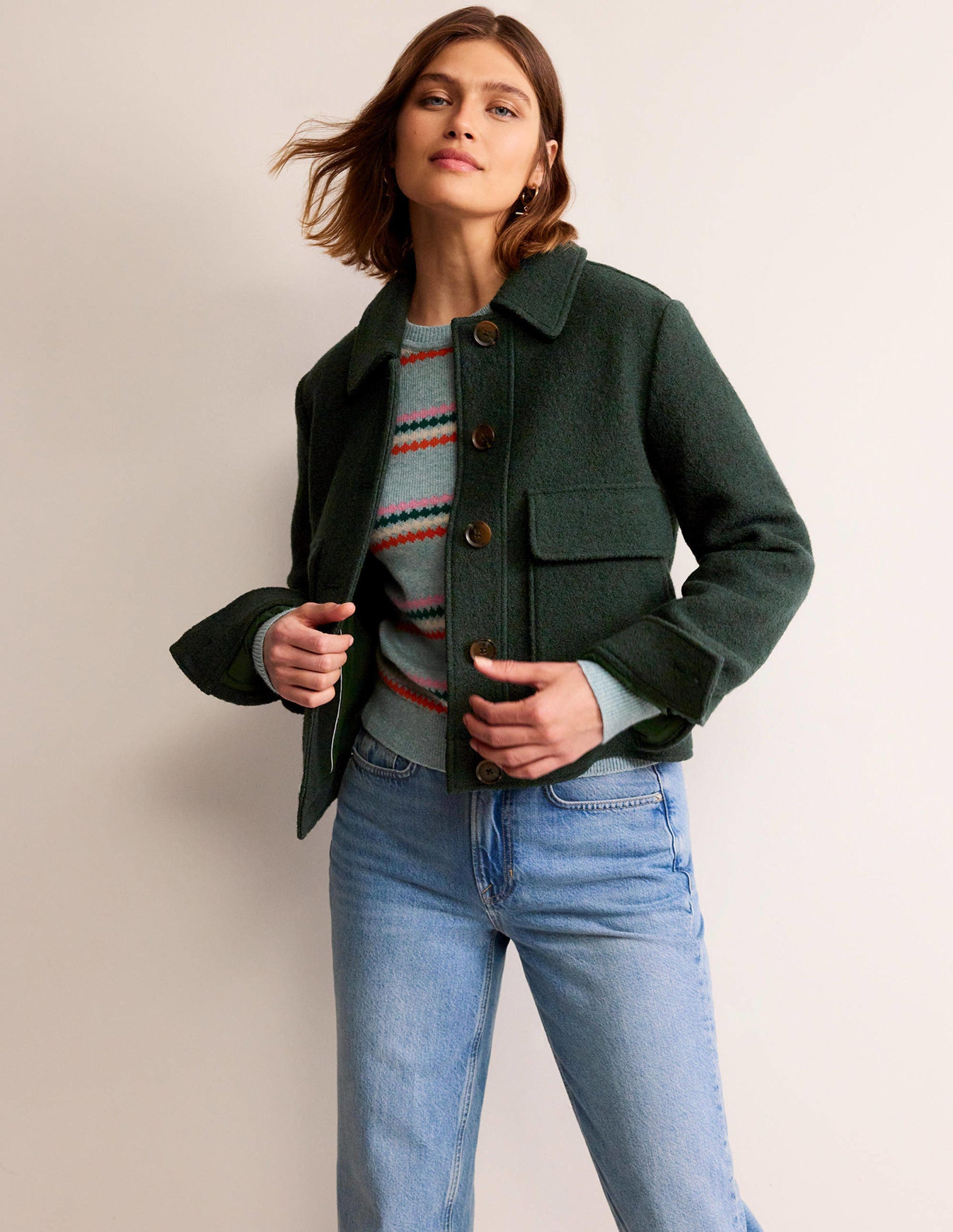 Collared Textured Wool Jacket-Green-1