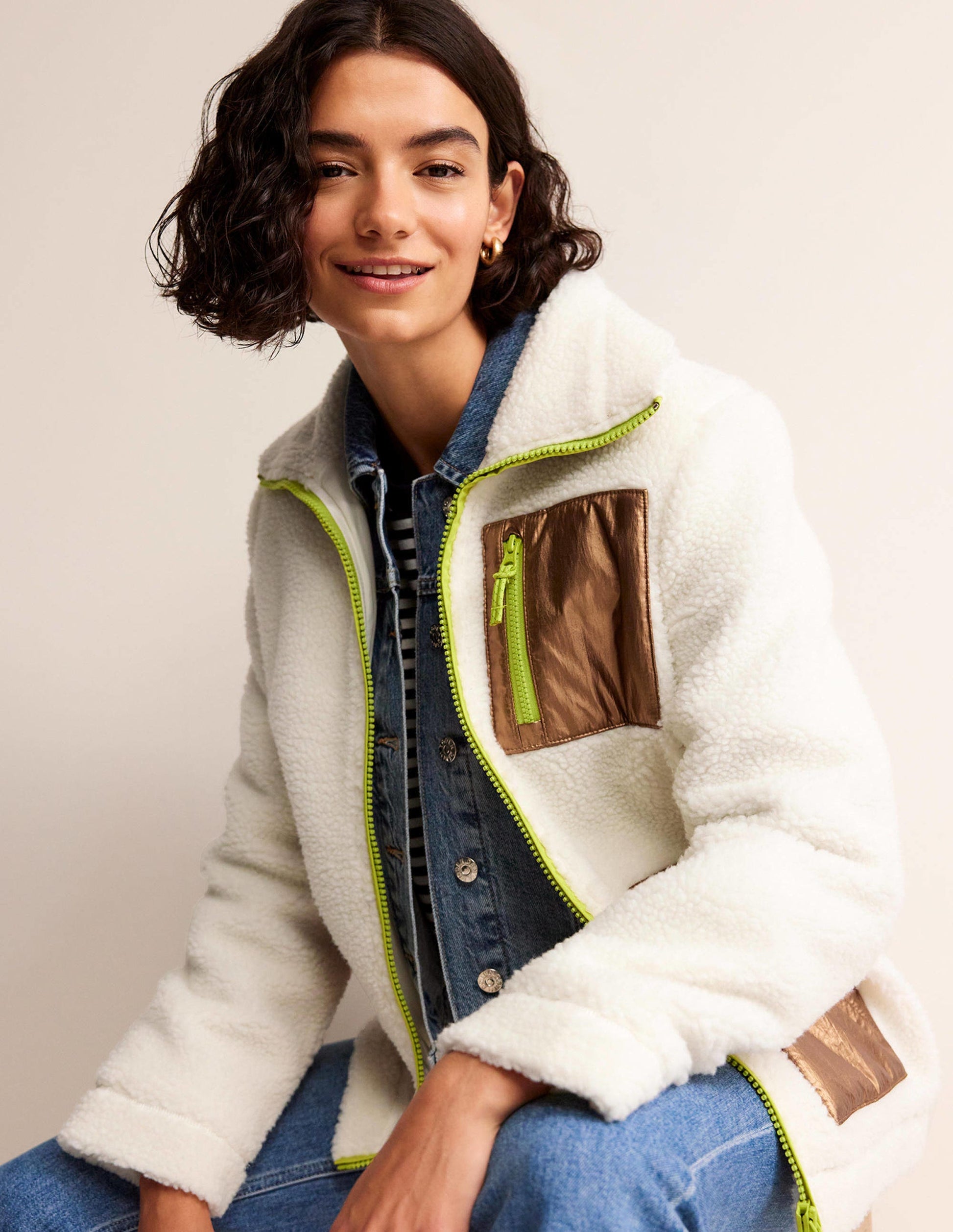 Borg-Jacke mit Trichterkragen-Naturweiß, Metallic-1