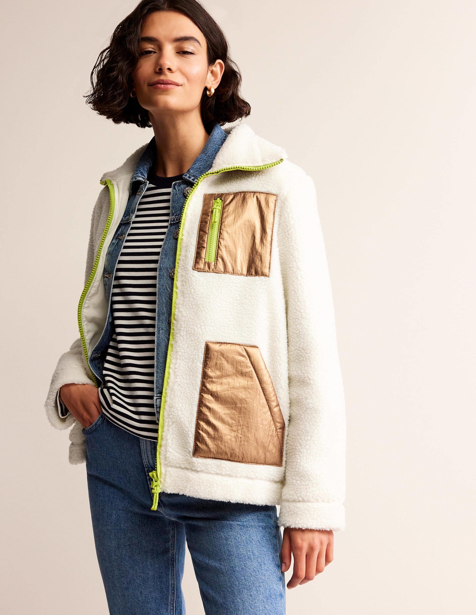 Borg-Jacke mit Trichterkragen-Naturweiß, Metallic - Image 5