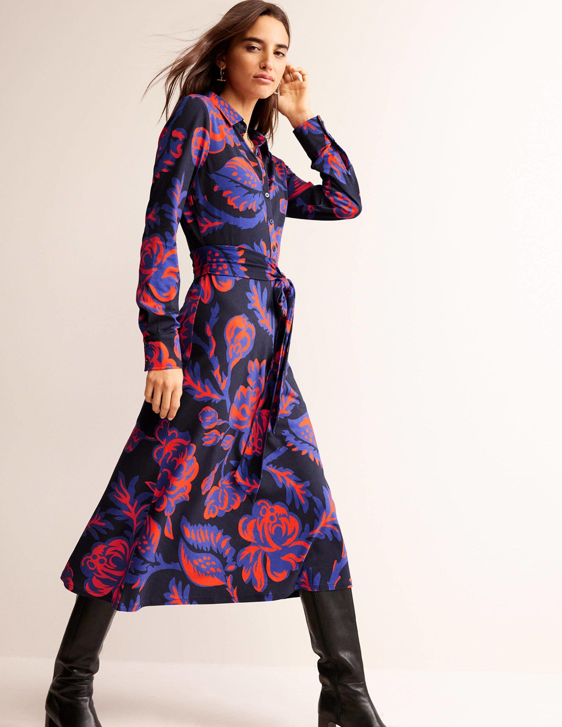 Robe-chemise midi Laura en jersey-Bleu marine foncé, motif Rose Bush-2