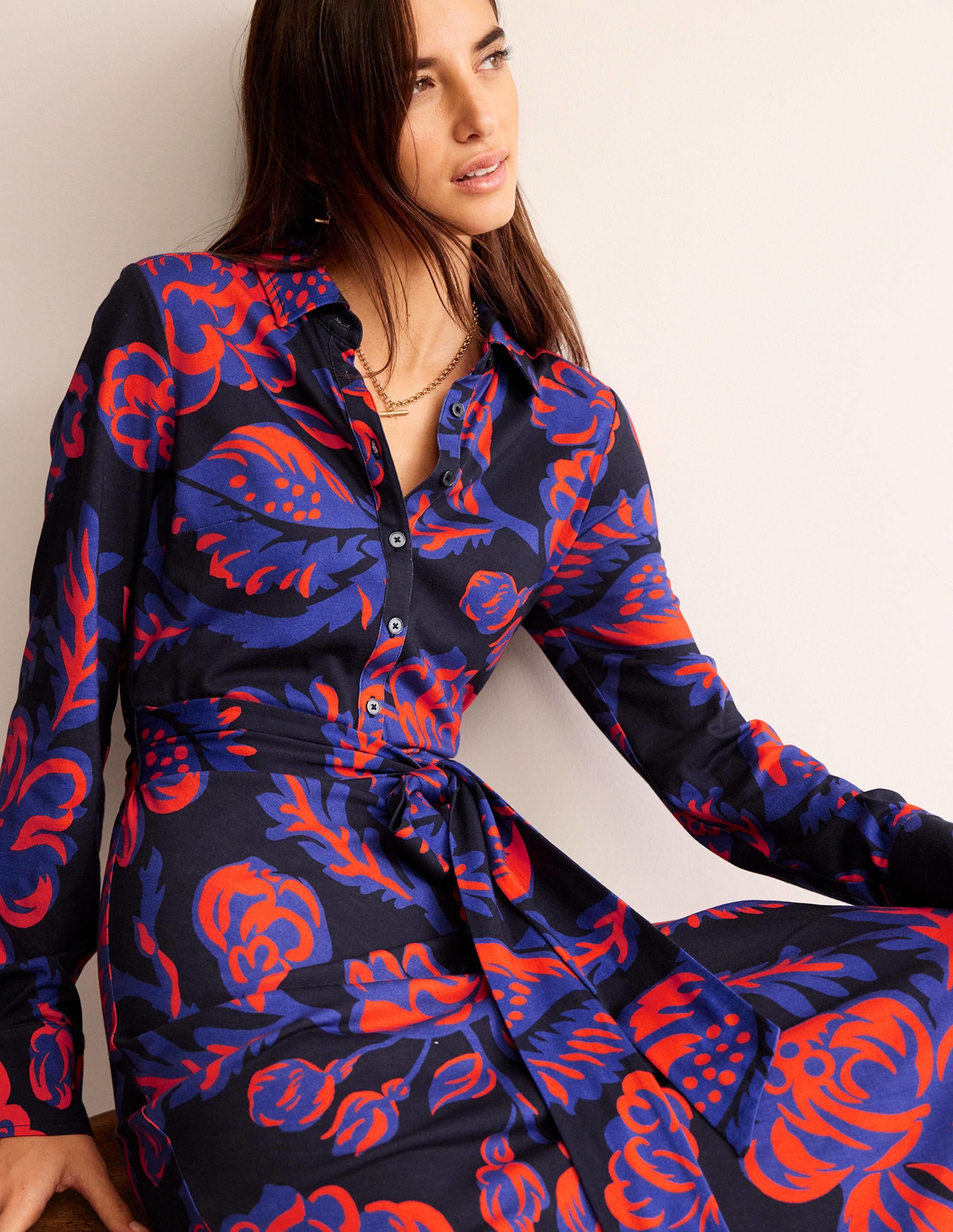 Robe-chemise midi Laura en jersey-Bleu marine foncé, motif Rose Bush - Image 4