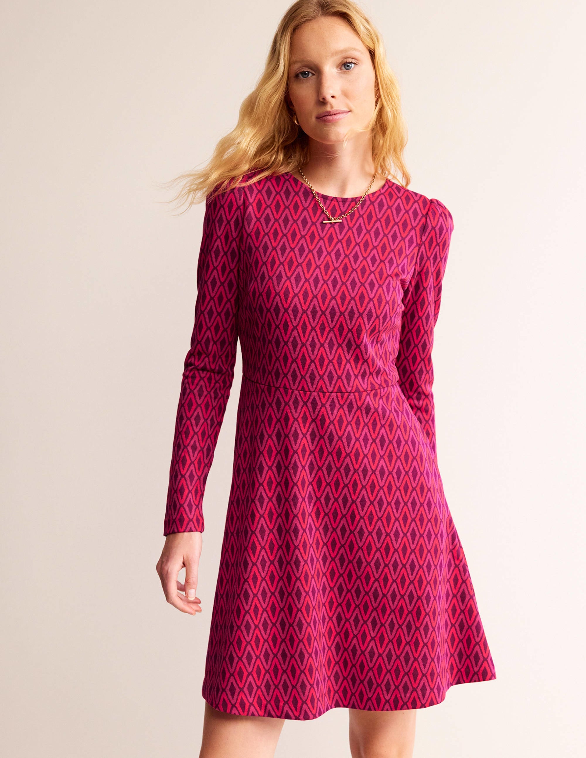 Kurzes A-Linien-Kleid aus Jacquard-Kräftiges Rosa, Azurblau Jacquard - Image 2