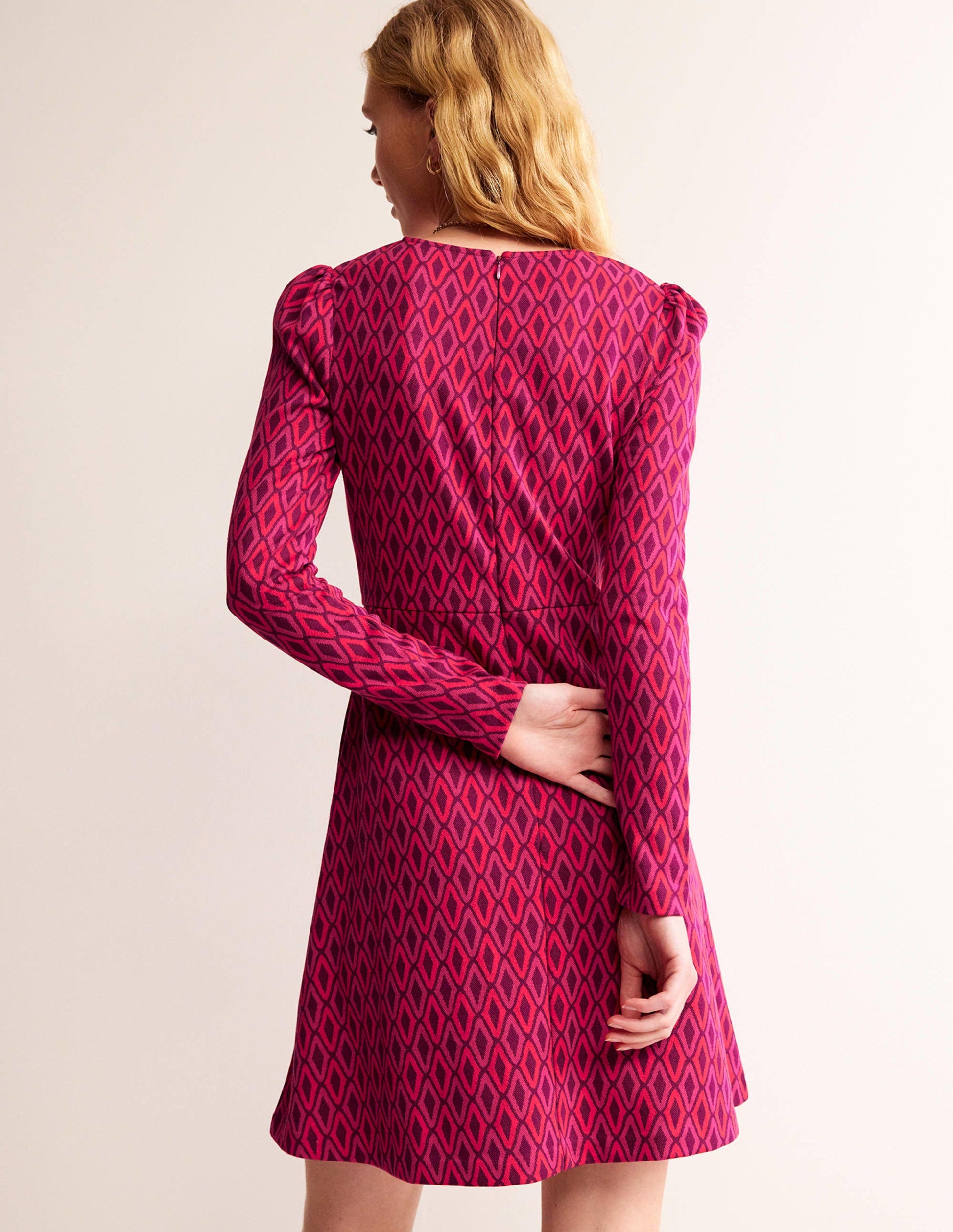 Kurzes A-Linien-Kleid aus Jacquard-Kräftiges Rosa, Azurblau Jacquard-4