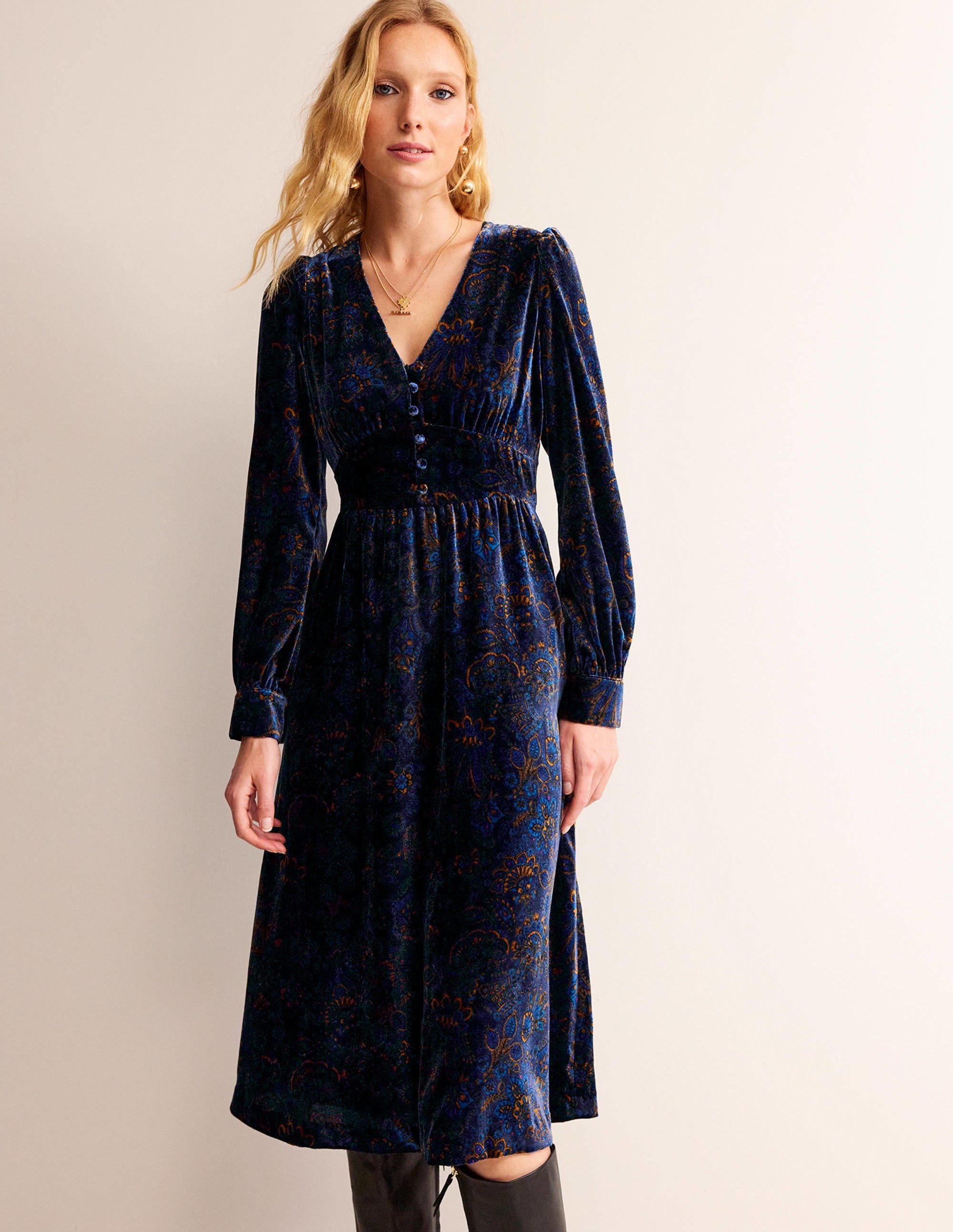 Elise Edelstein-Midikleid aus Samt-Französisches Marineblau, Azaleenblüte - Image 2