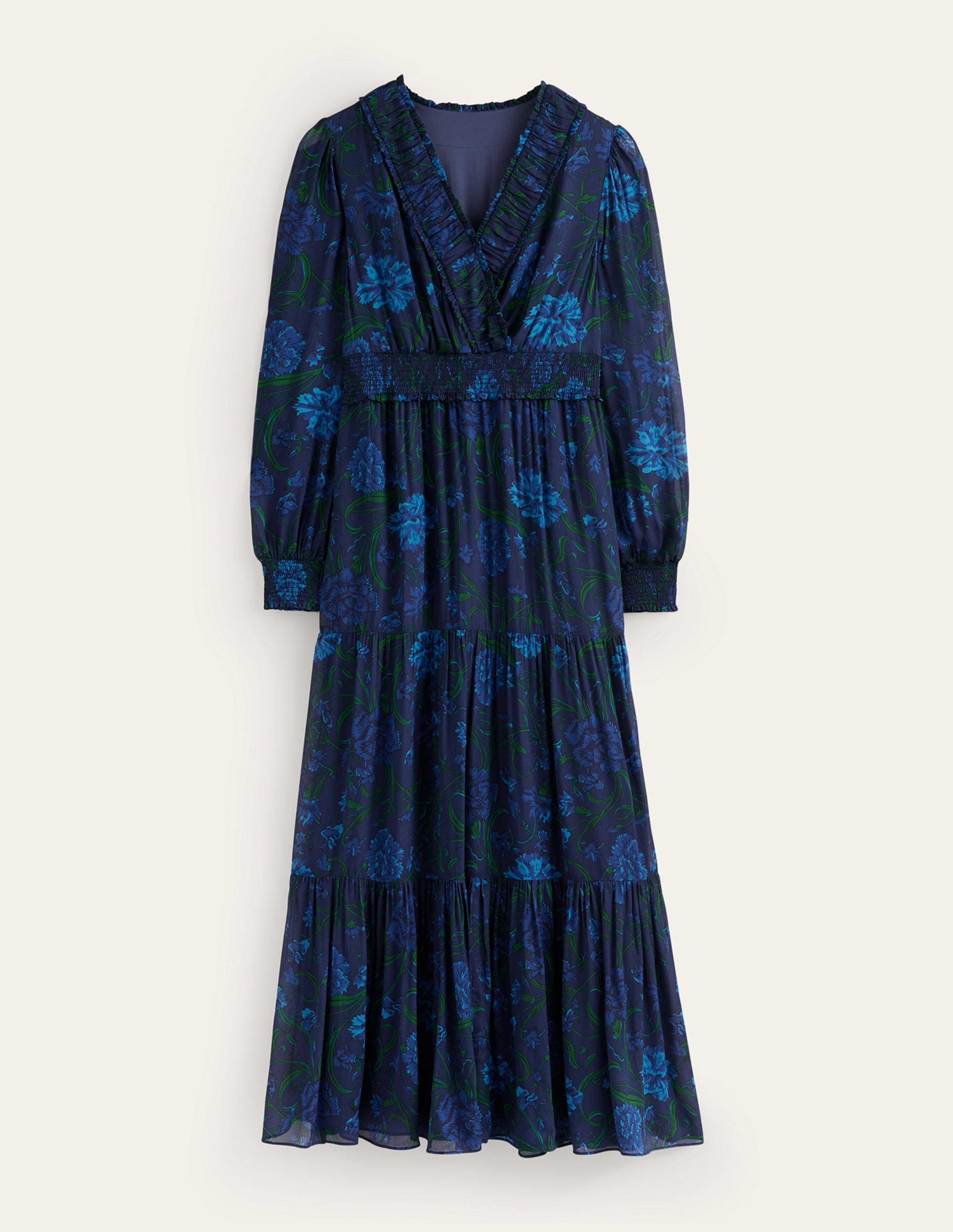 Robe longue florale à col volanté-Bleu marine, freesia - Image 6