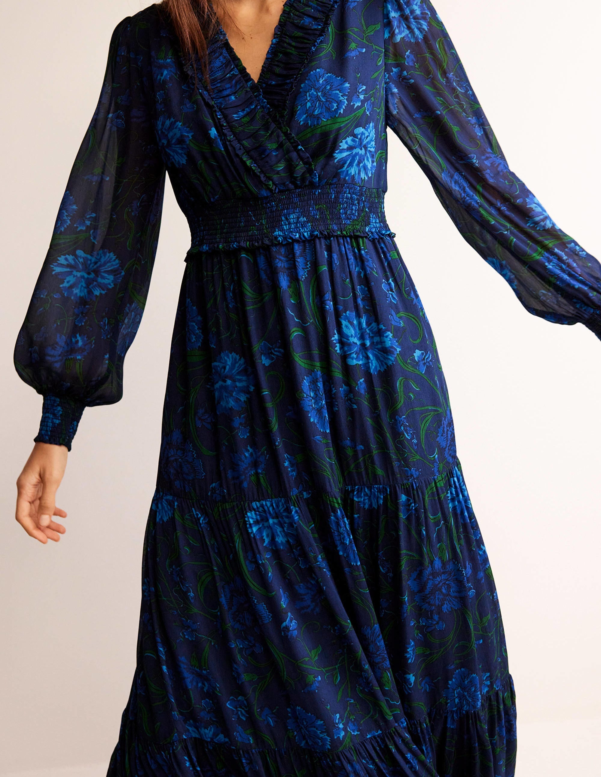 Robe longue florale à col volanté-Bleu marine, freesia - Image 3