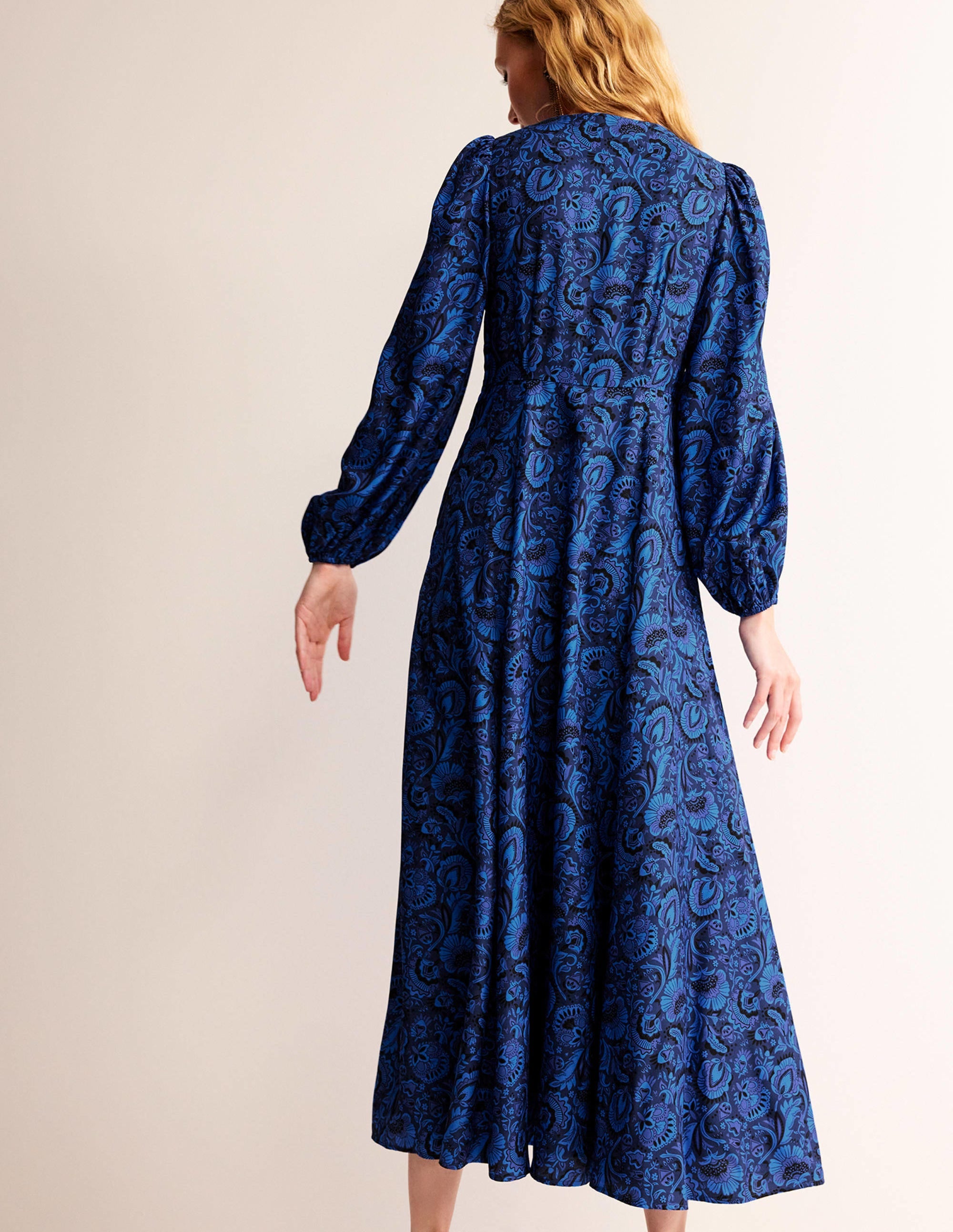Robe longue style 40s à manches blousantes-Cobalt vif, motif Florist - Image 3
