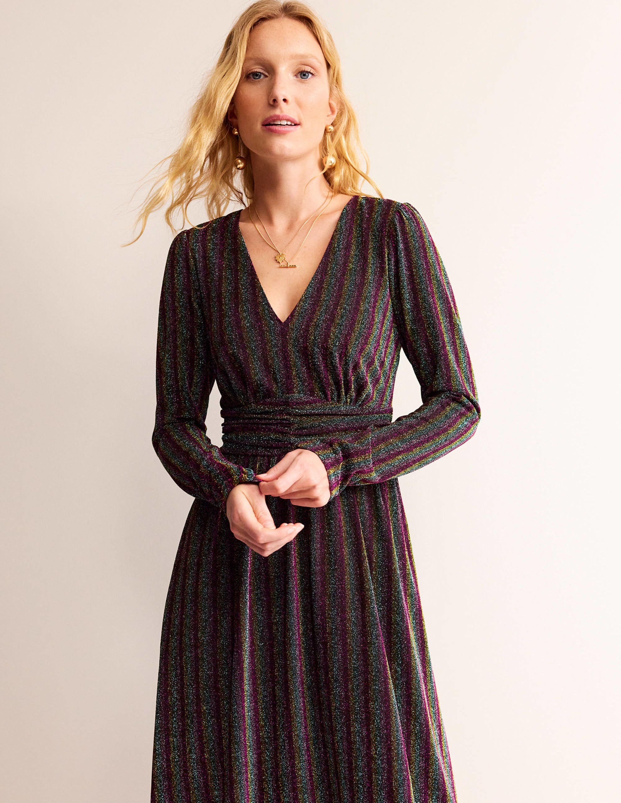 Ruched Sparkle Midi Dress-Multi Stripe - Image 4
