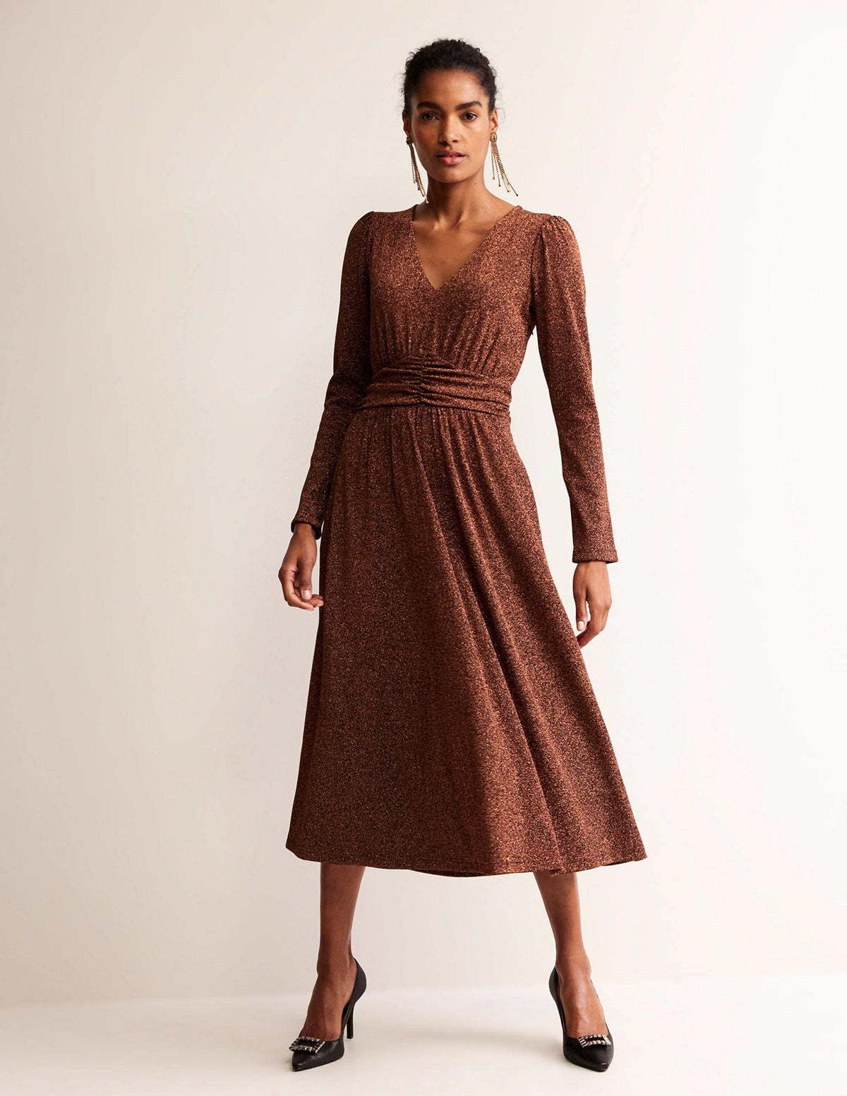Midikleid mit Raffung und Glitzer-Kupferrot - Image 4