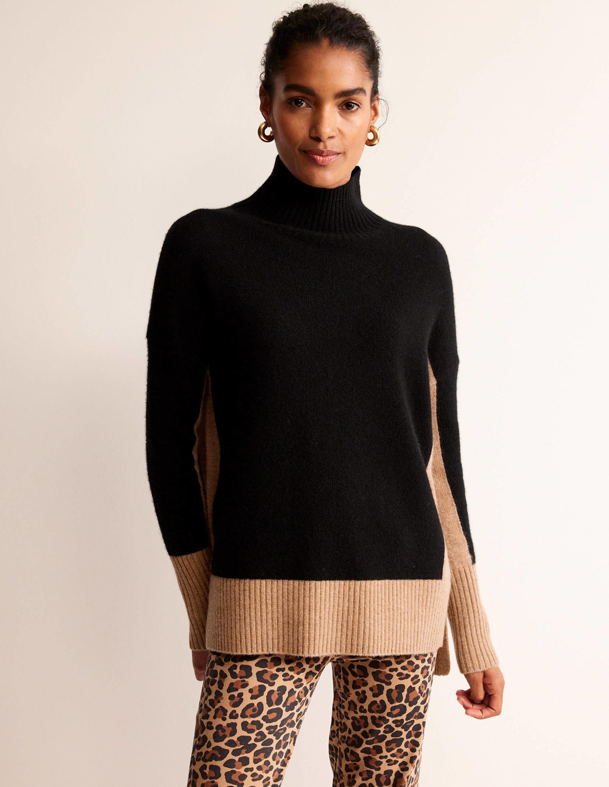 Jessica Oversize-Pullover-Schwarz, Kamelbraun Blockfarben - Image 2