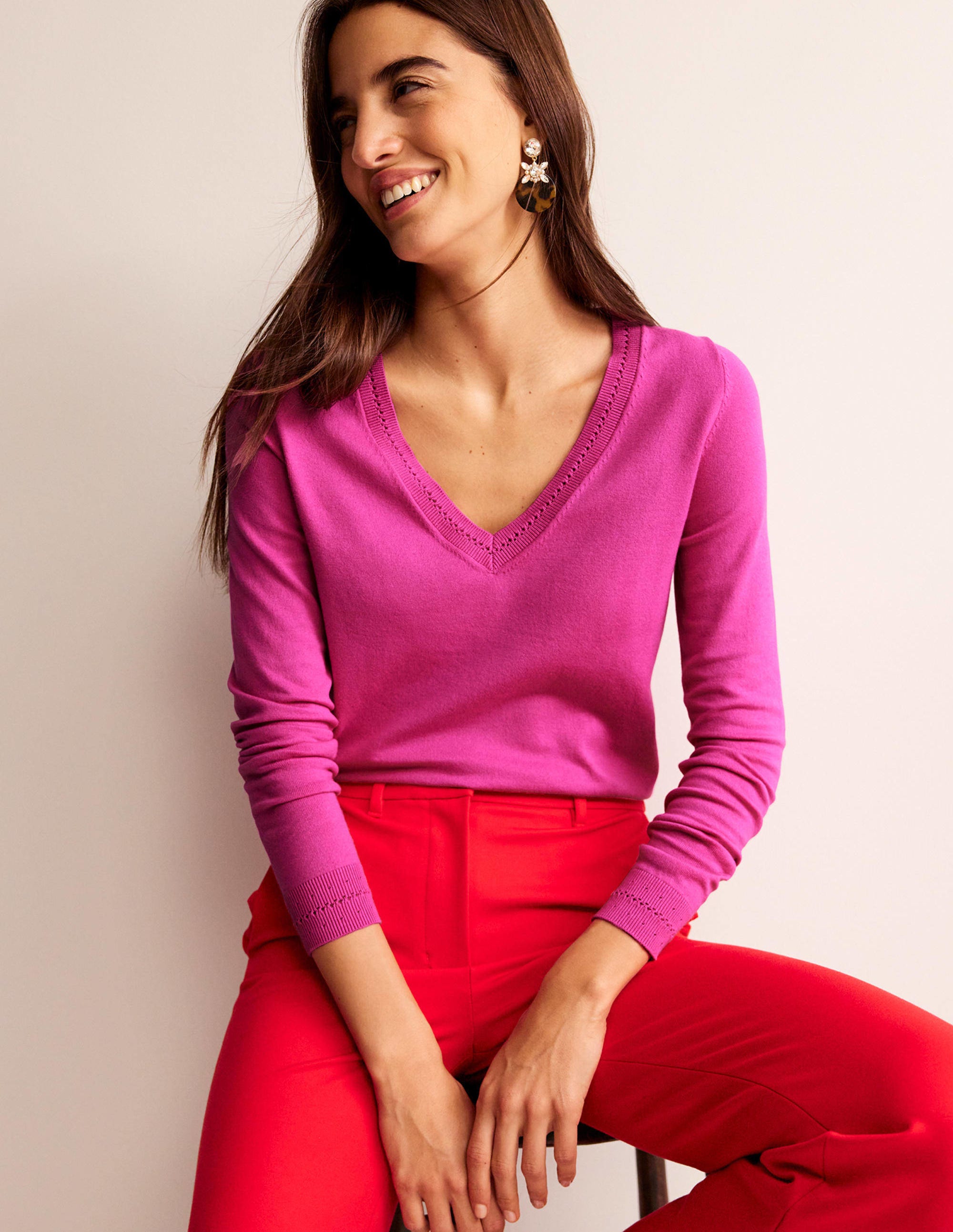 Pull Catriona col V en coton-Rose cosmos - Image 2