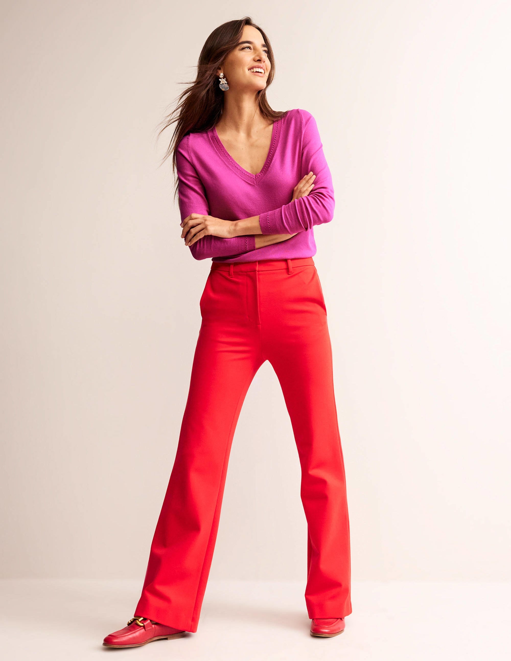 Pull Catriona col V en coton-Rose cosmos - Image 4