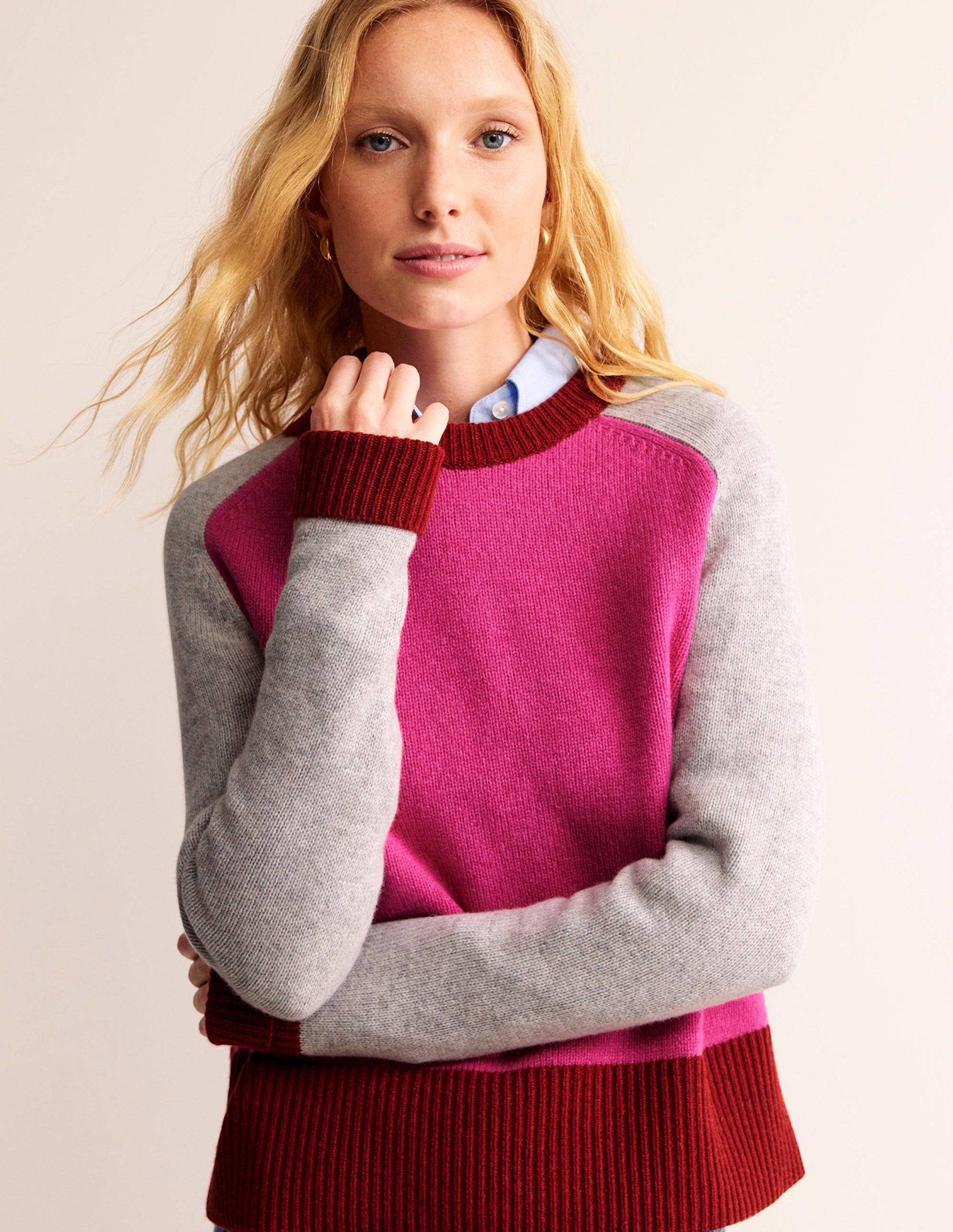 Olivia Merino-Pullover-Amaranth, Feuerglühen Blockfarben-1